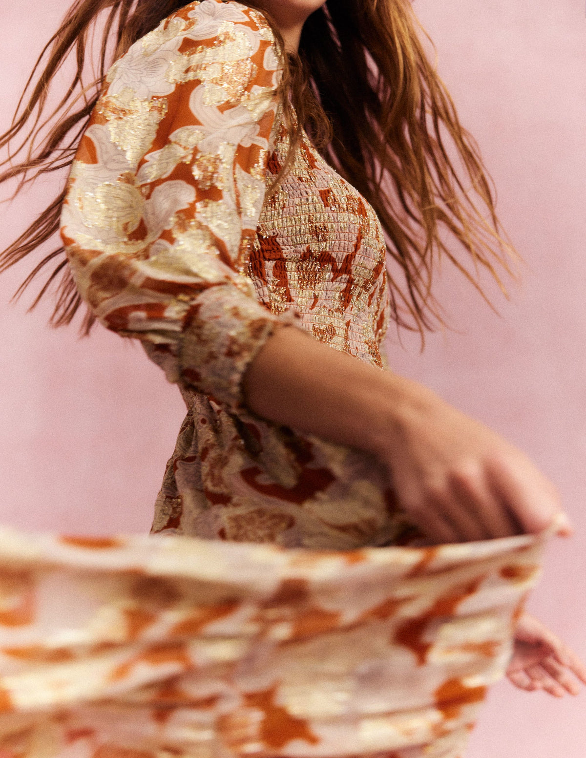 Jacquard-Kleid mit gesmoktem Oberteil-Rostrot, Geschwungenes Paisleymuster-6