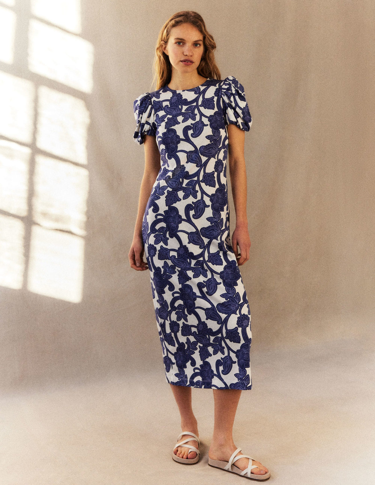 Jersey-Midikleid mit Puffärmeln-Blau, Geschwungenes Paisleymuster-6