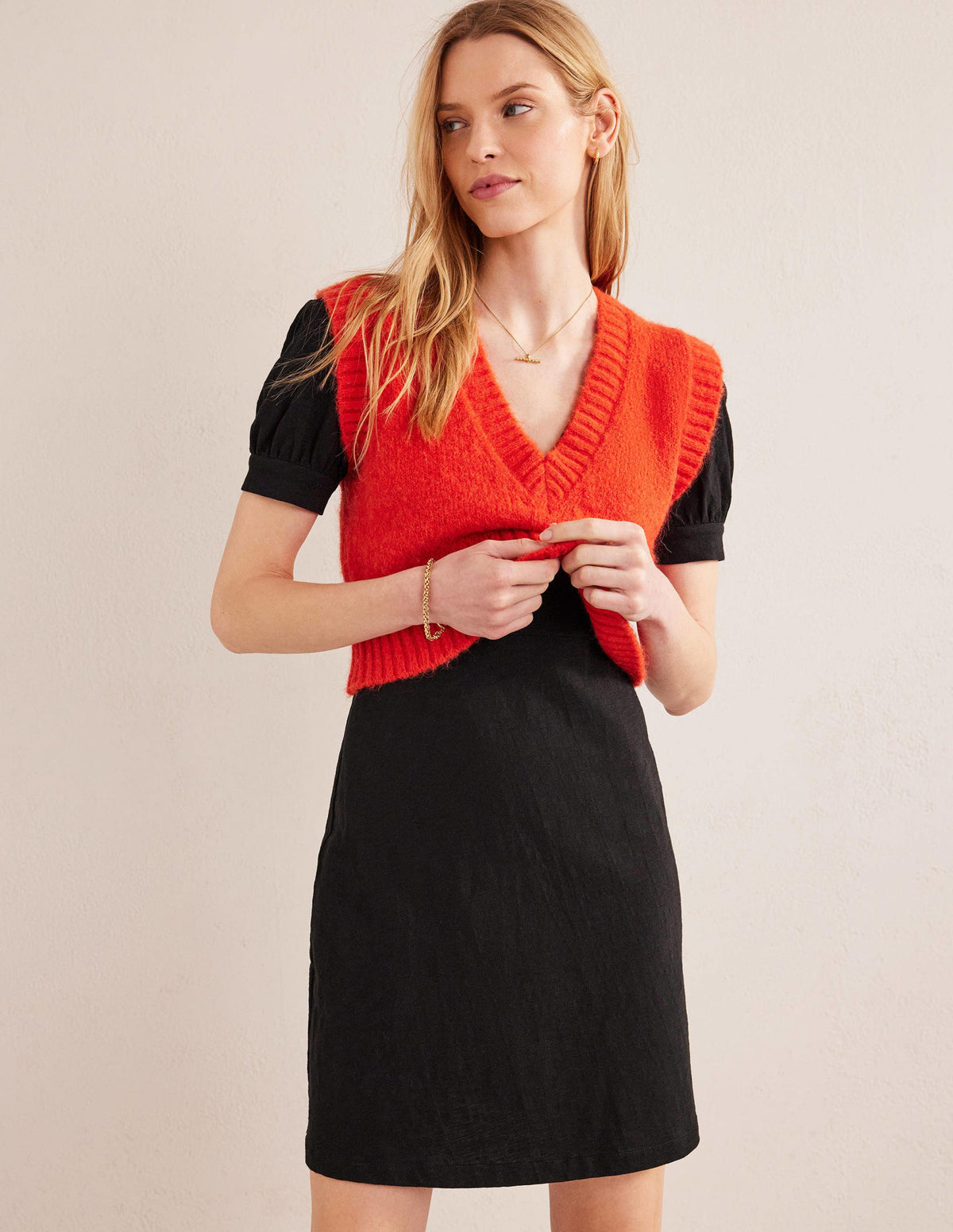 V-Neck Jersey Mini Dress-Black - Image 4