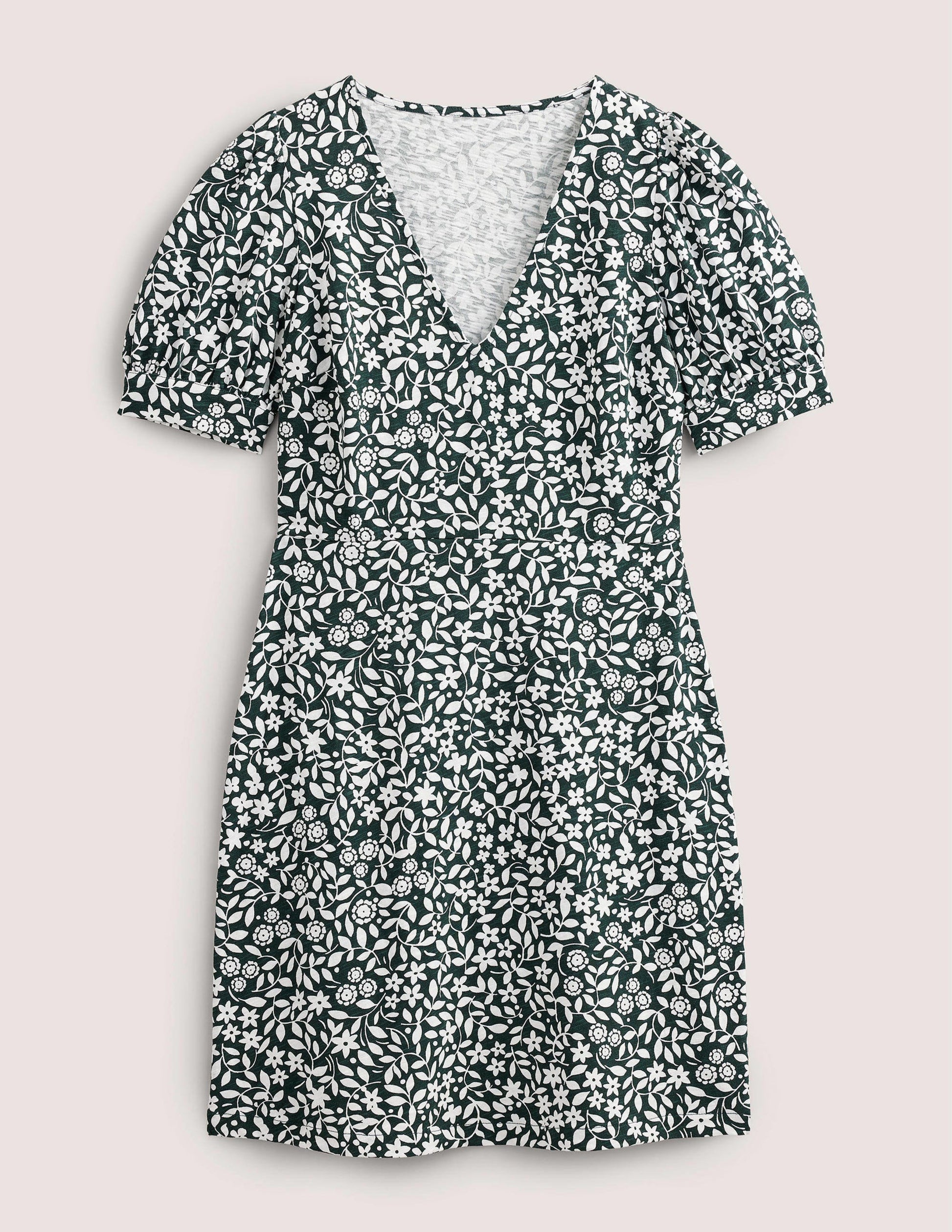 Jerseyminikleid mit V-Ausschnitt-Waldgrün, Sonnenblumenmuster-7