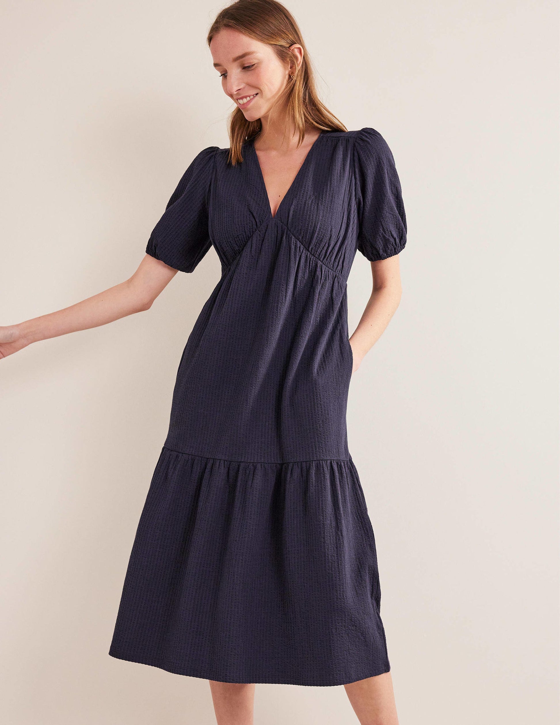 Midikleid aus Jersey-Seersucker-Marineblau-4