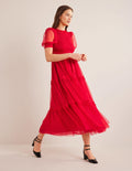 Robe longue smockée en tulle-Rose foncé