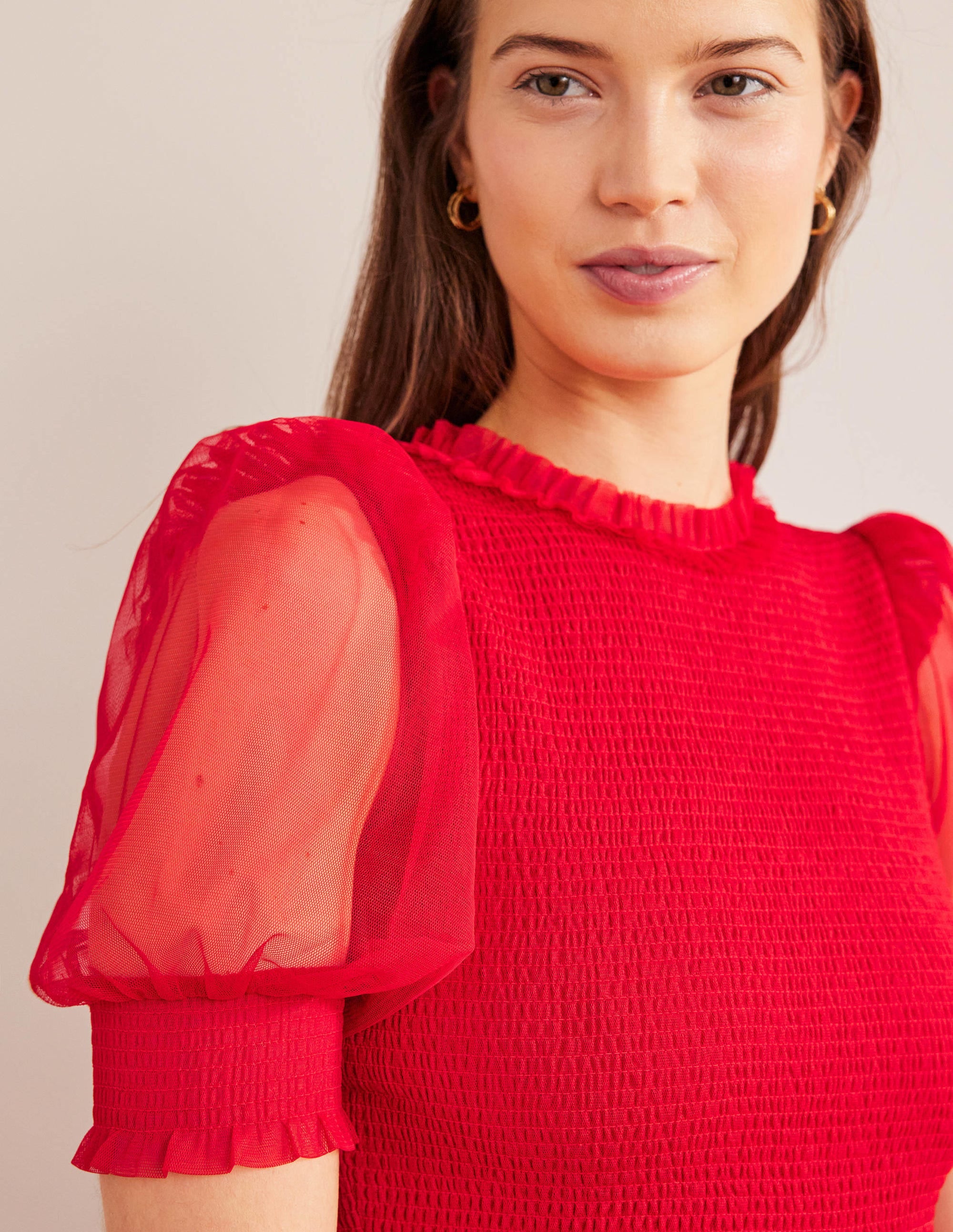Robe longue smockée en tulle-Rose foncé - Image 2