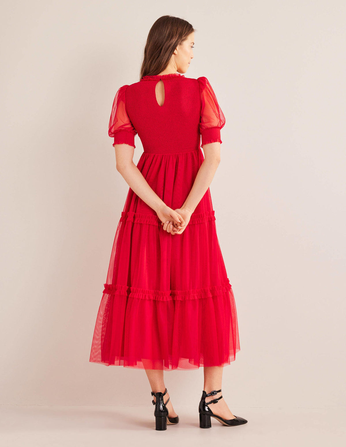 Robe longue smockée en tulle-Rose foncé-3