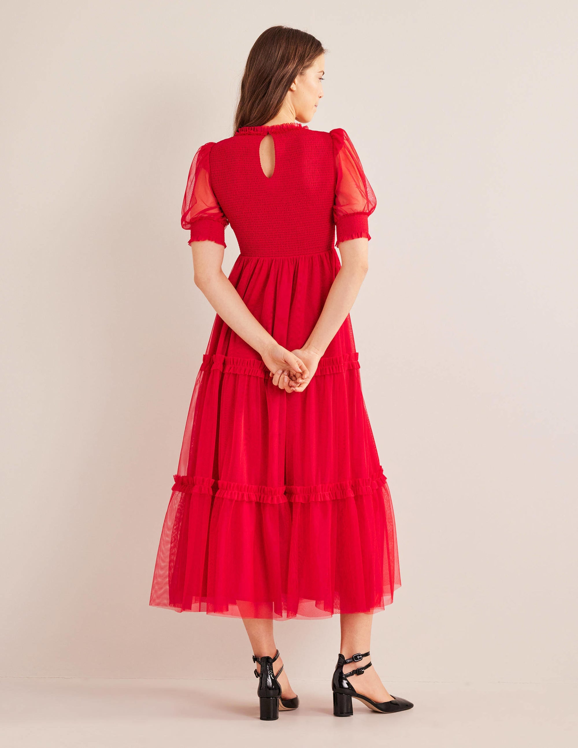 Robe longue smockée en tulle-Rose foncé - Image 3
