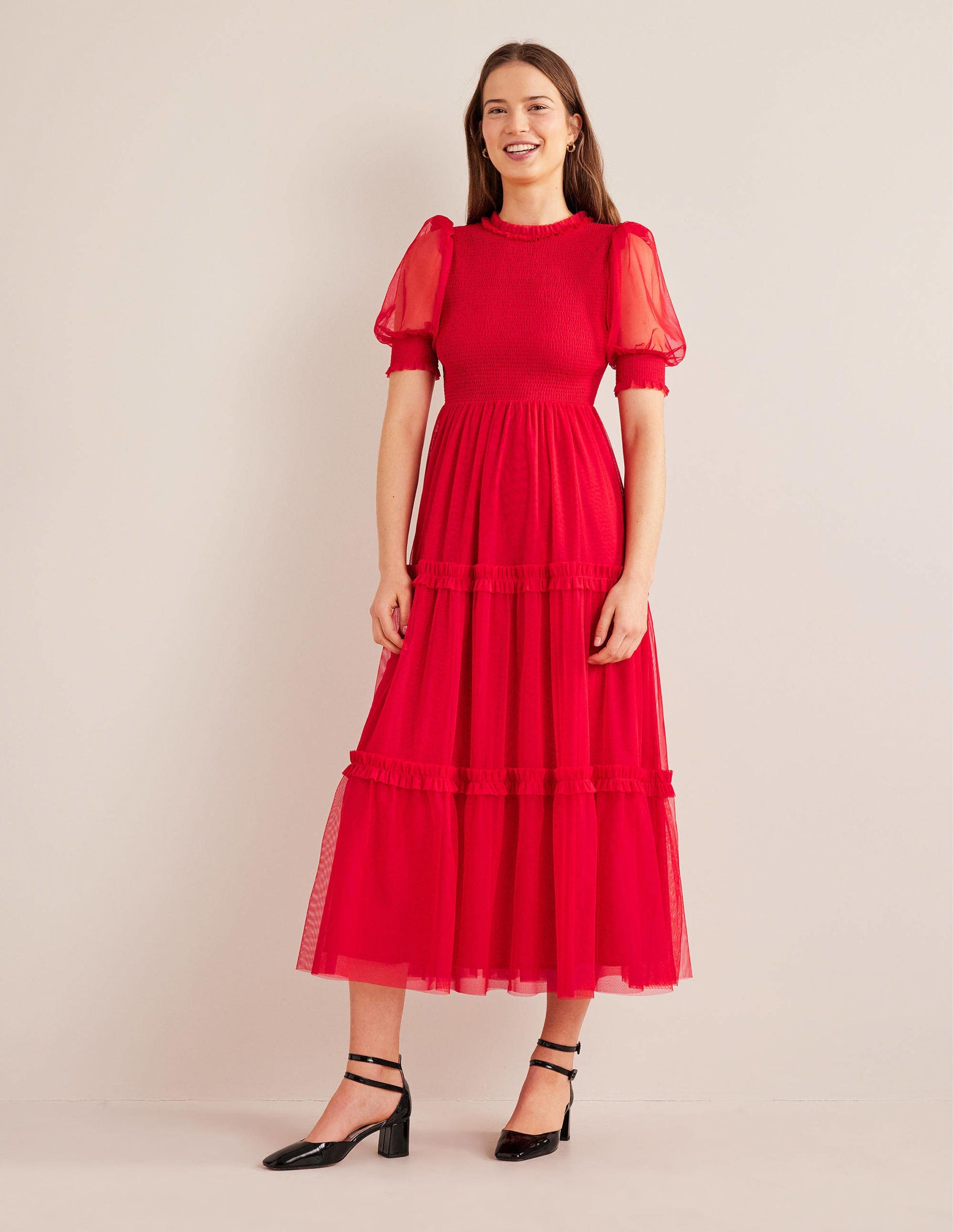 Robe longue smockée en tulle-Rose foncé-4
