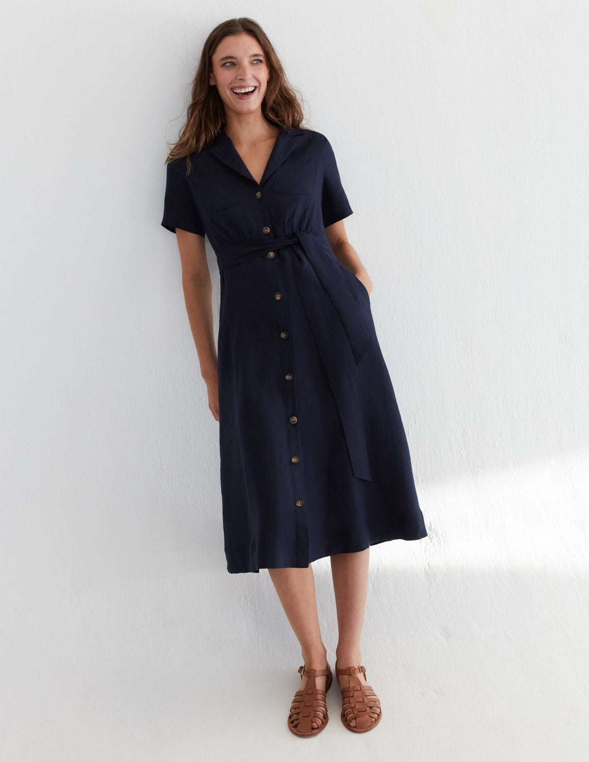 Linen Maxi Shirt Dress-Navy - Image 5