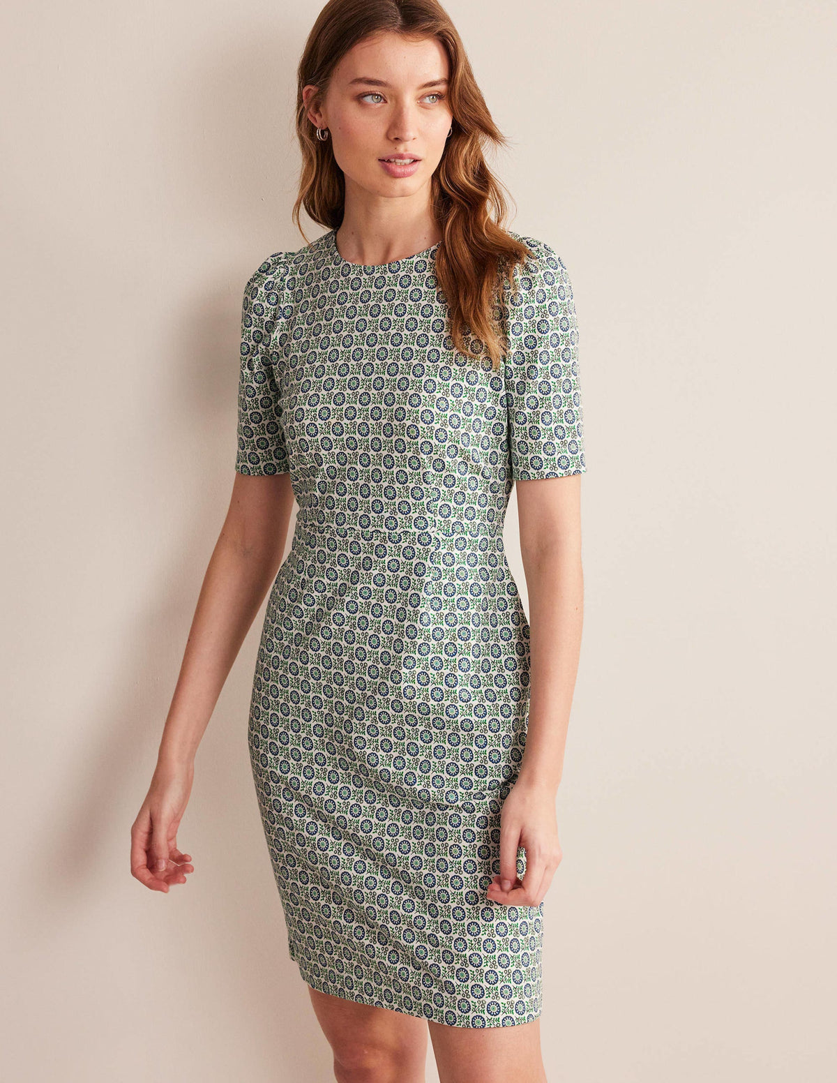 Robe en jersey à col rond-Bleu égéen, motif Sunflower Sprig - Image 1