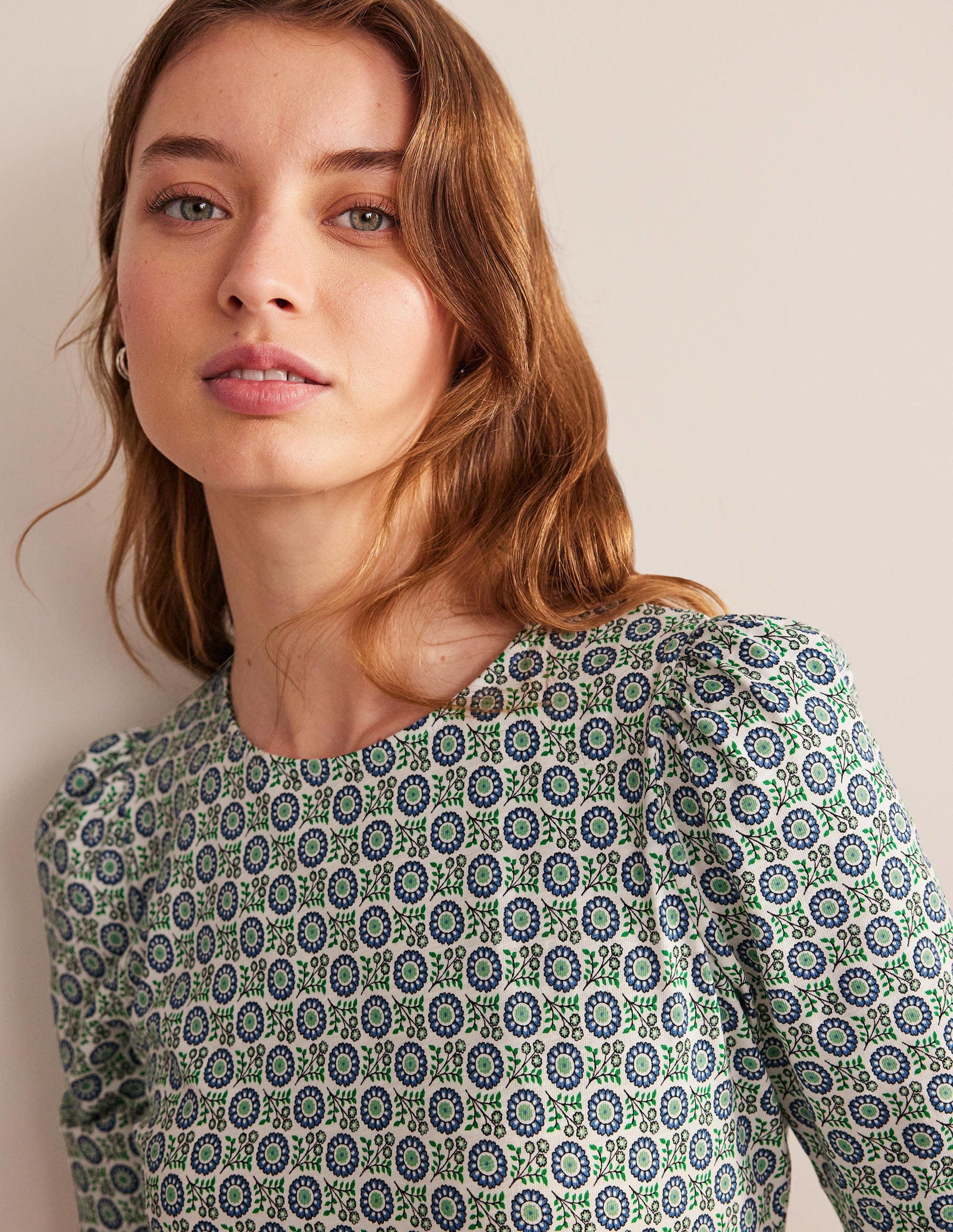 Robe en jersey à col rond-Bleu égéen, motif Sunflower Sprig-2