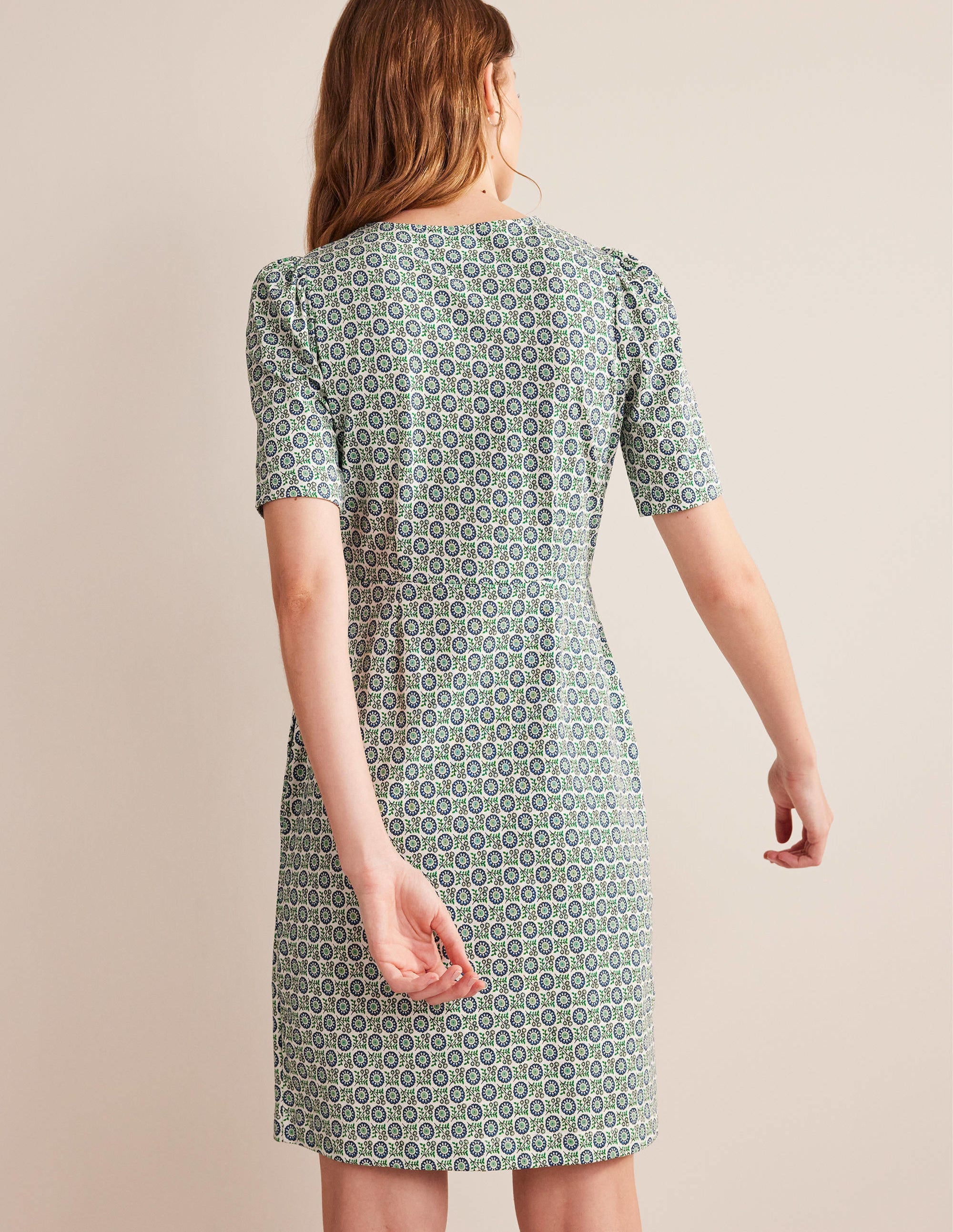 Robe en jersey à col rond-Bleu égéen, motif Sunflower Sprig - Image 3