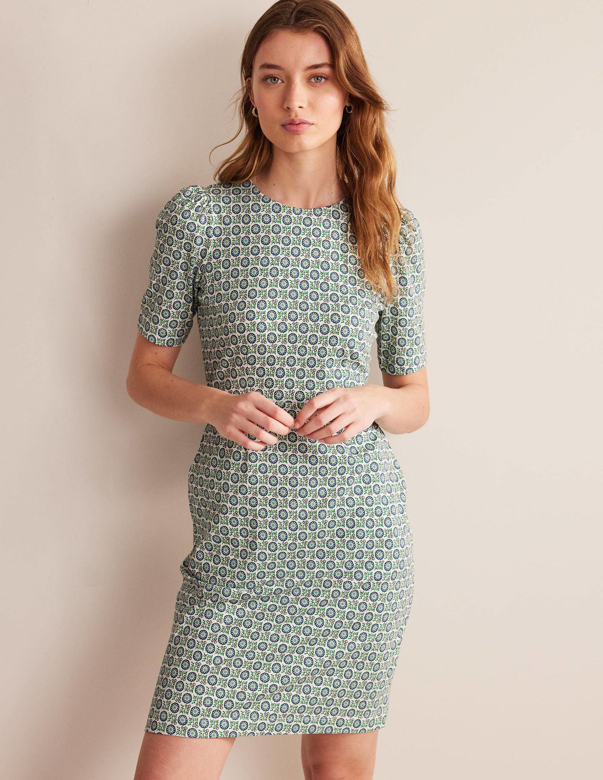 Robe en jersey à col rond-Bleu égéen, motif Sunflower Sprig - Image 4