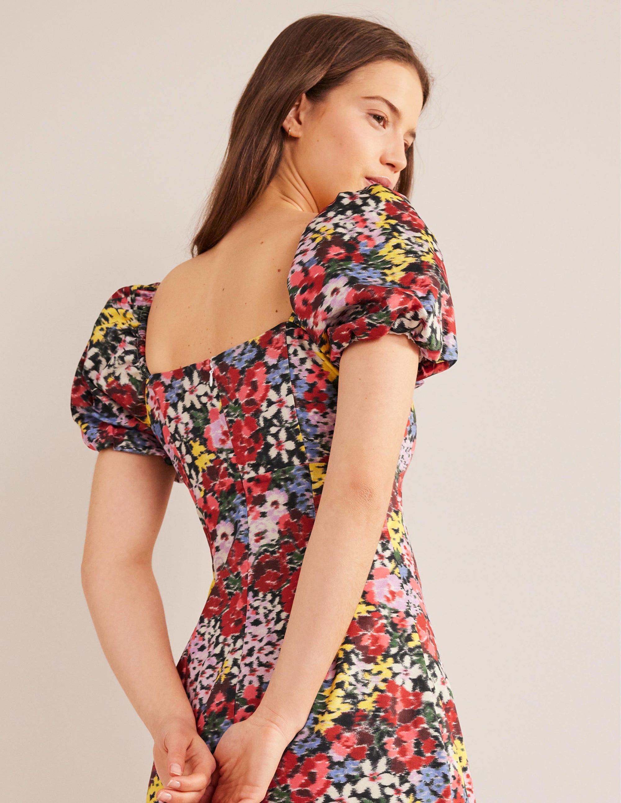 Säulen-Midikleid mit Puffärmeln-Bunt, Moiré-Blüten - Image 2