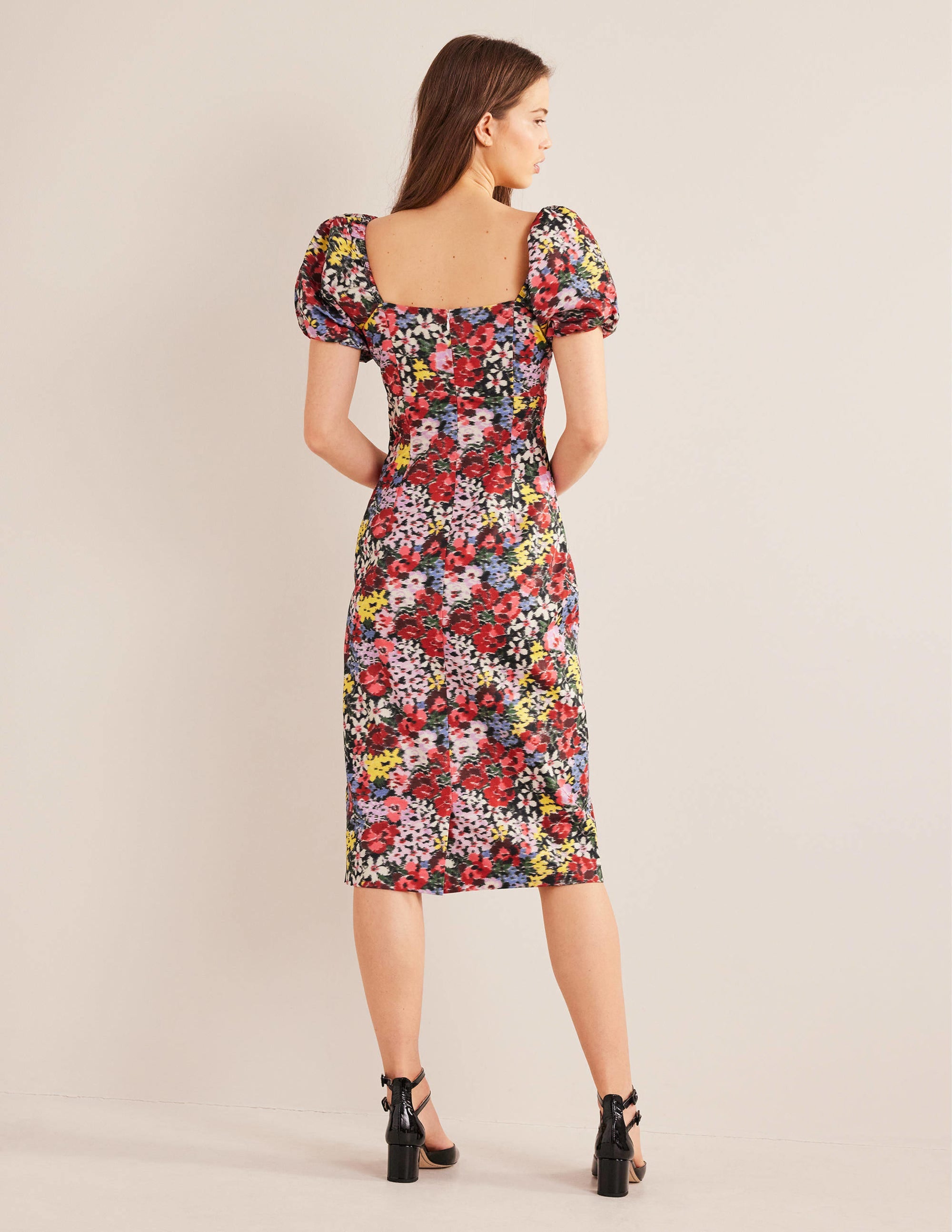 Säulen-Midikleid mit Puffärmeln-Bunt, Moiré-Blüten - Image 3