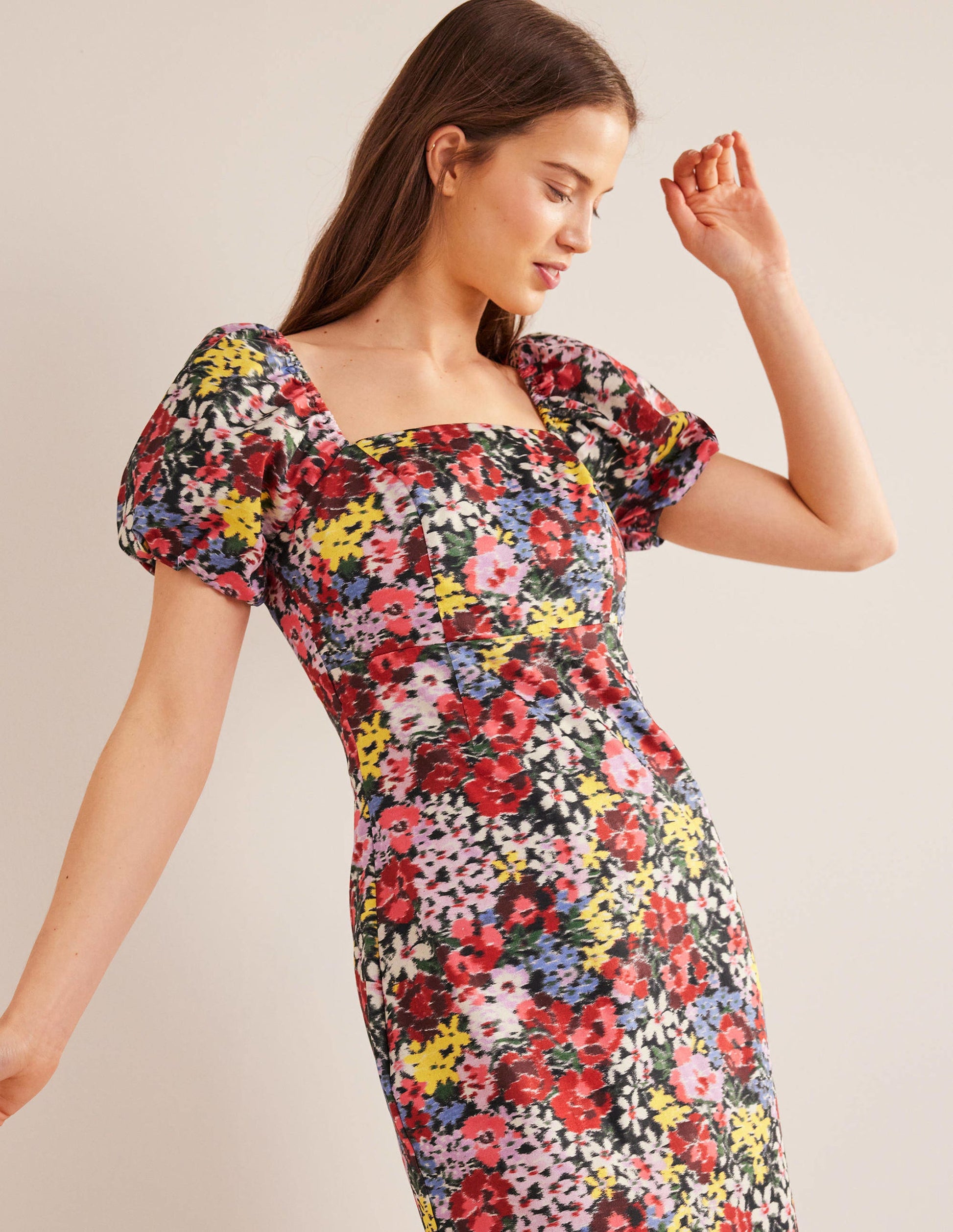 Säulen-Midikleid mit Puffärmeln-Bunt, Moiré-Blüten-4