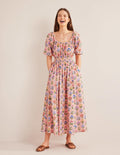 Robe midi à col U-Rose ancien, motif Spring Garden