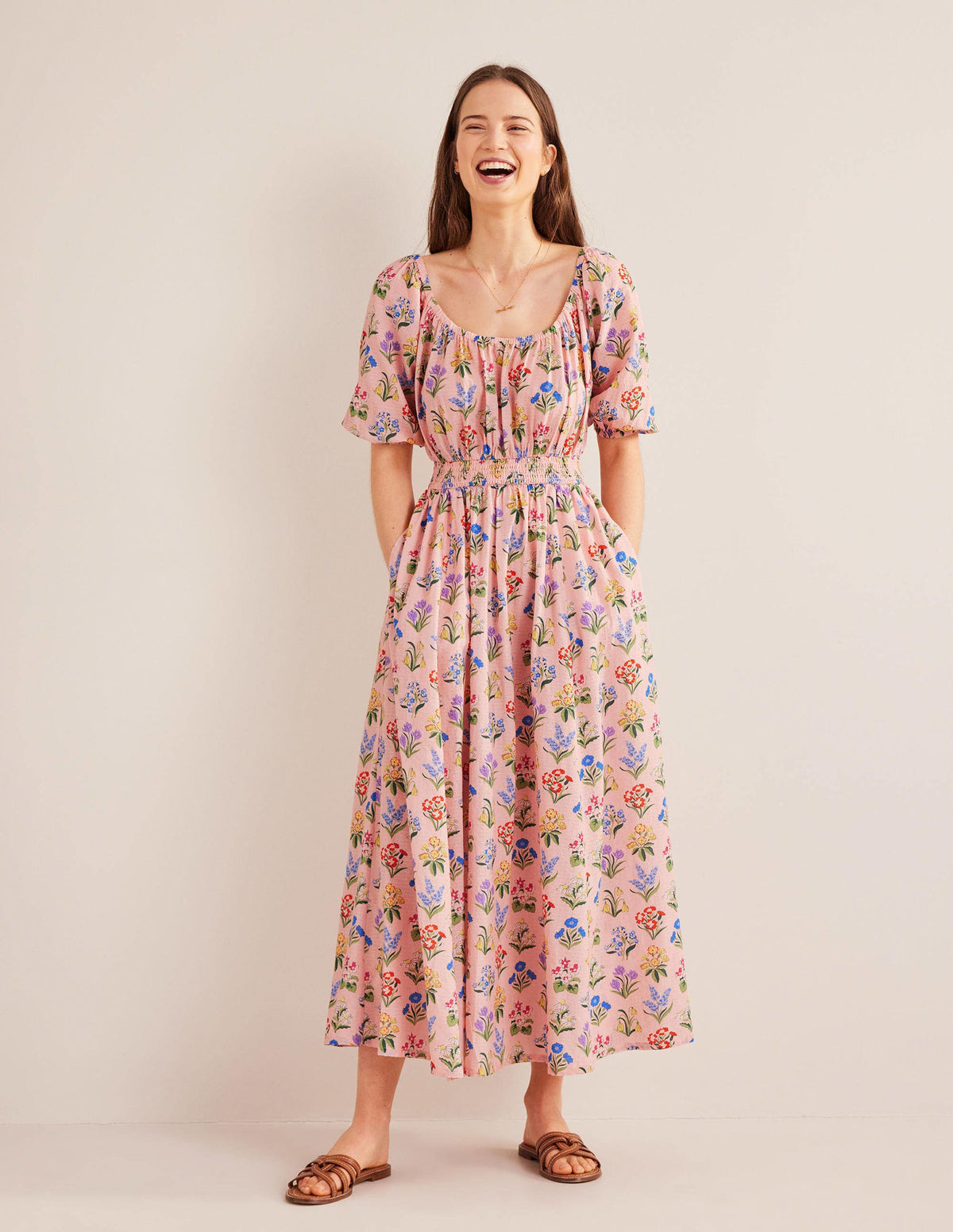 Robe midi à col U-Rose ancien, motif Spring Garden - Image 1