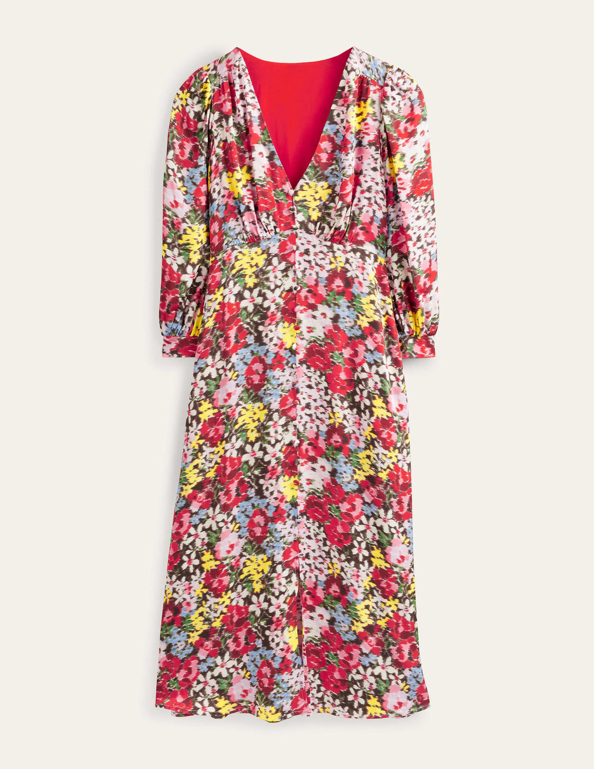 Button Detail Satin Tea Dress-Multi, Moire Bloom-5
