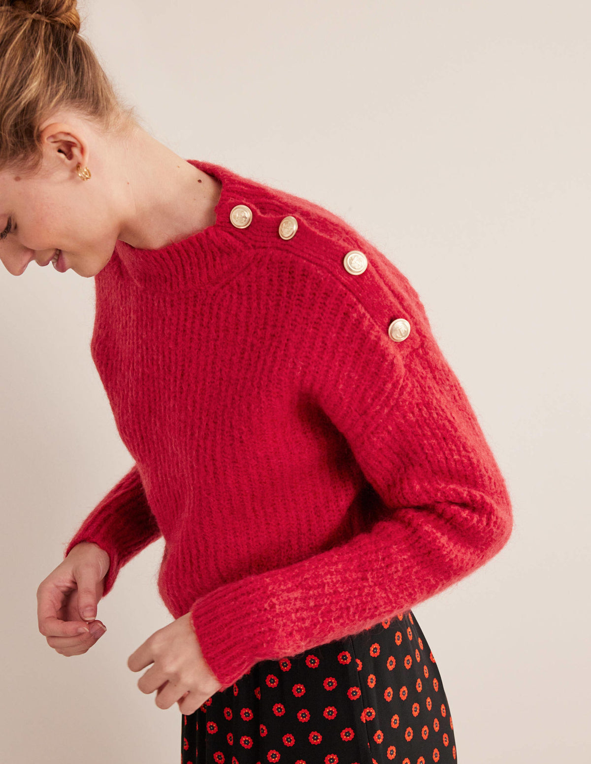 Fluffy Ribbed Button Jumper-Ruby-1