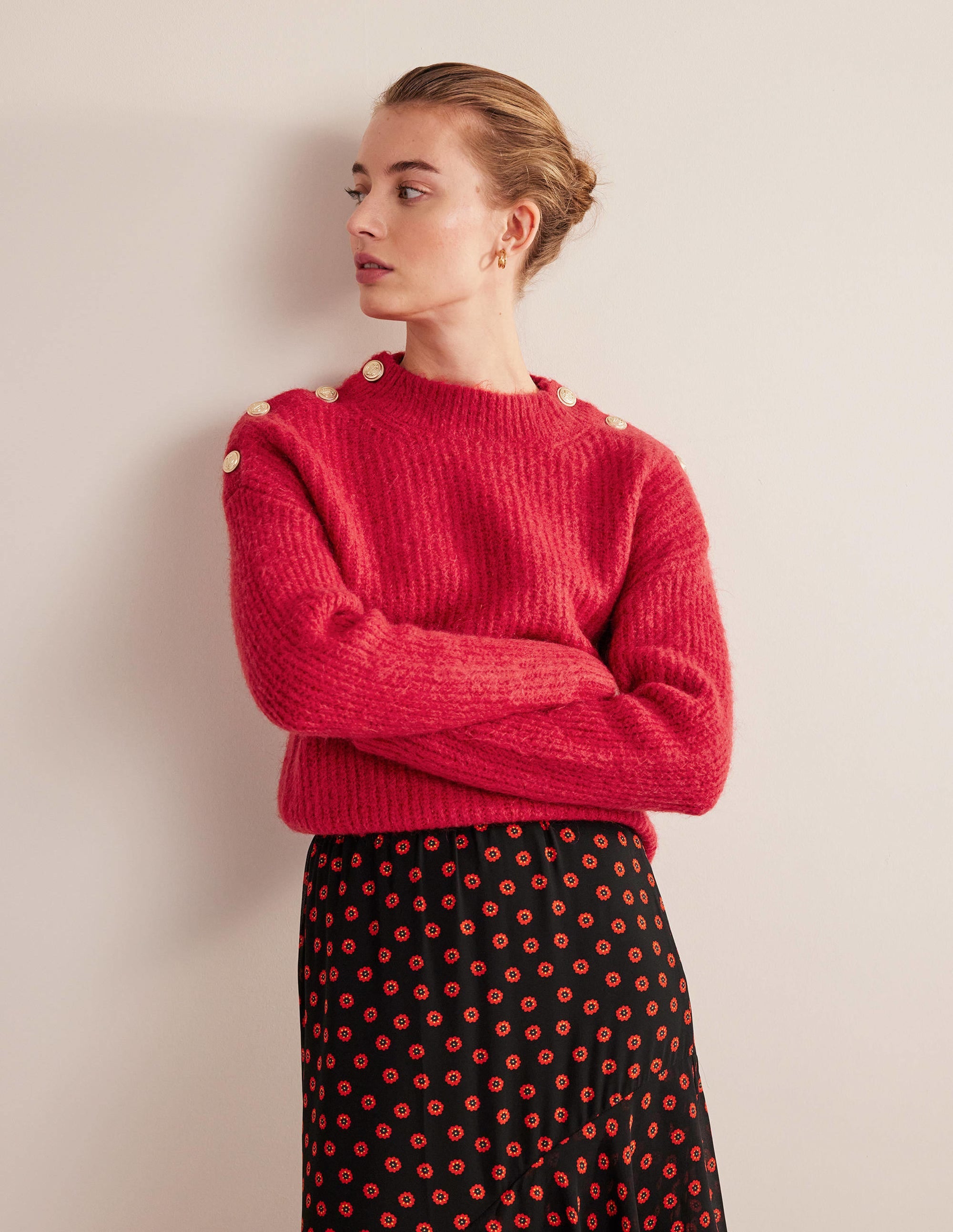 Fluffy Ribbed Button Jumper-Ruby - Image 2