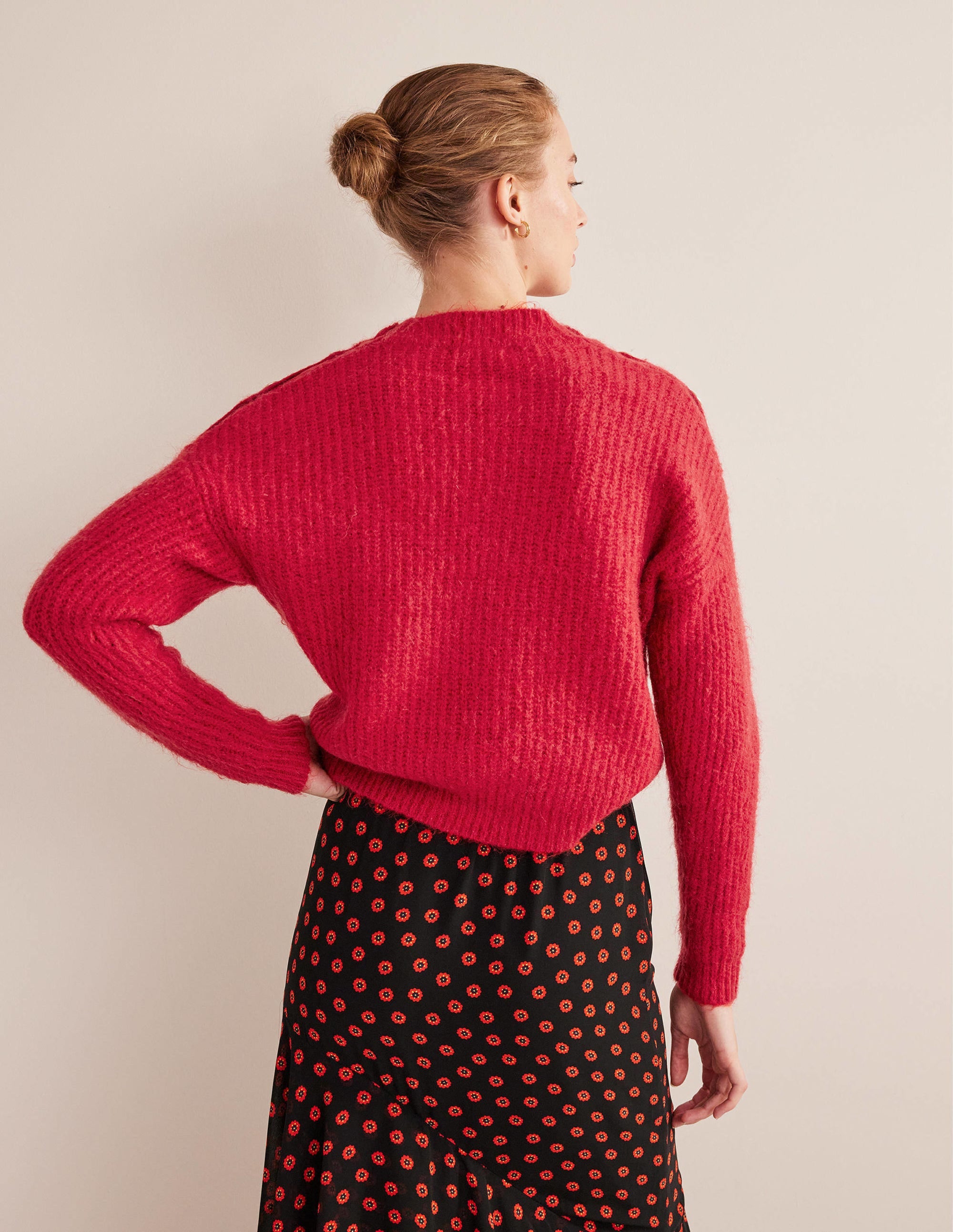 Fluffy Ribbed Button Jumper-Ruby - Image 3