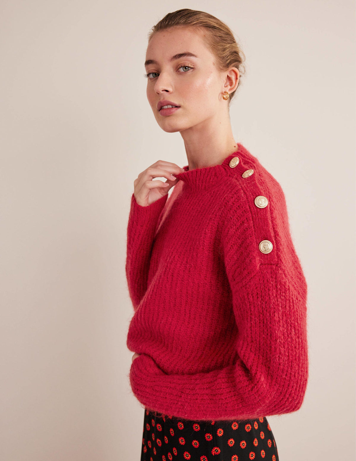 Fluffy Ribbed Button Jumper-Ruby-4