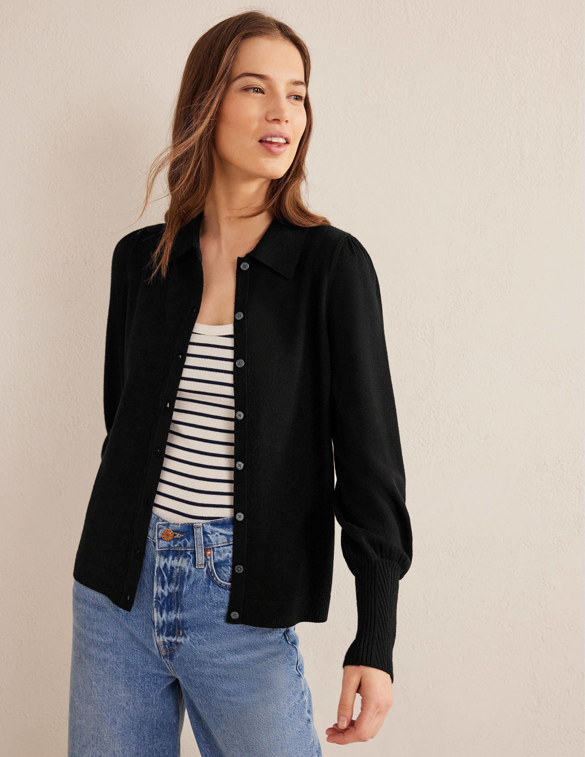 Chemise en mérinos avec détail au poignet-Noir - Image 1
