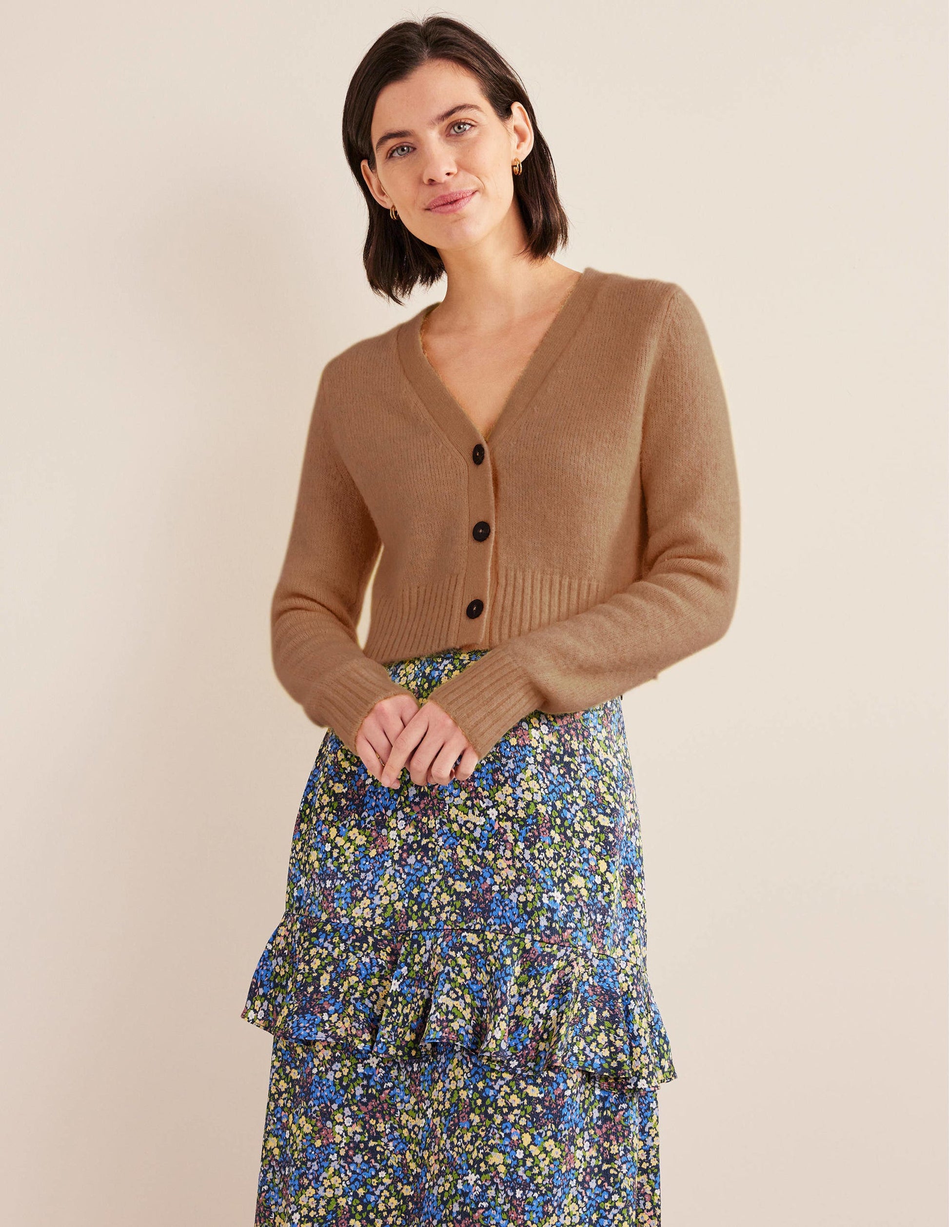 Kurz geschnittener Cardigan mit V-Ausschnitt-Kamelbraun Melange-1