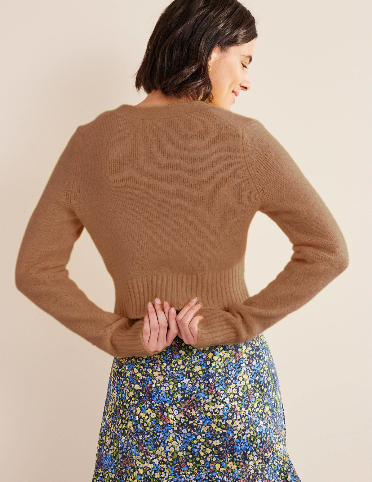Kurz geschnittener Cardigan mit V-Ausschnitt-Kamelbraun Melange-3