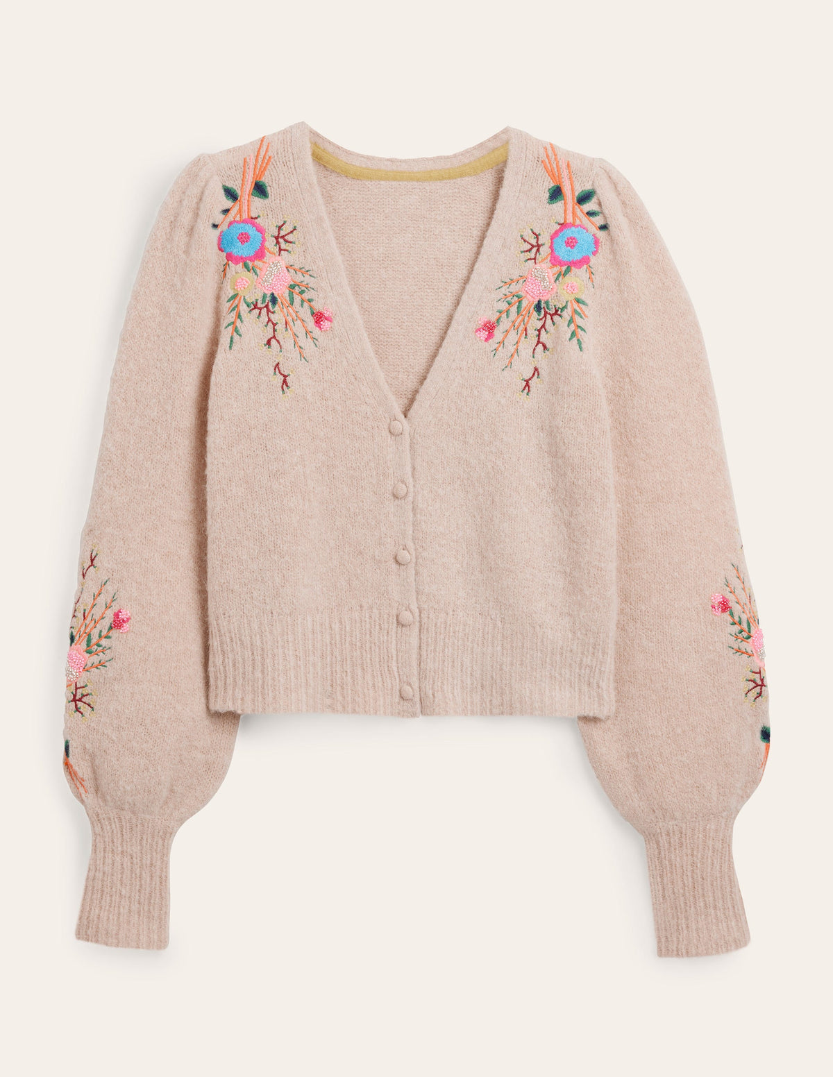 Blumiger Cardigan mit Stickerei-Mausbraun Melange, Blumenmuster - Image 6