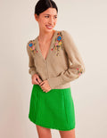 Blumiger Cardigan mit Stickerei-Mausbraun Melange, Blumenmuster