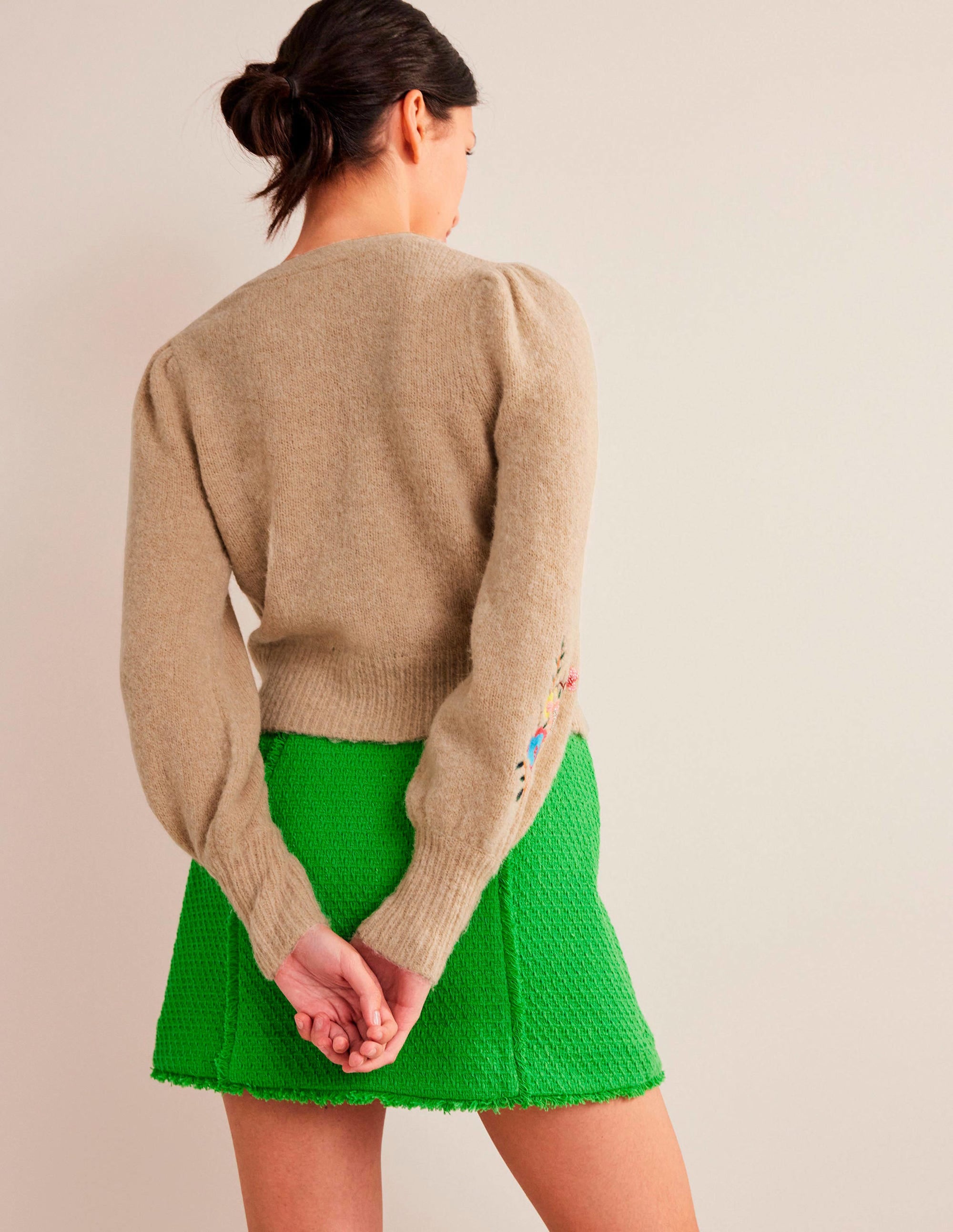 Blumiger Cardigan mit Stickerei-Mausbraun Melange, Blumenmuster - Image 3