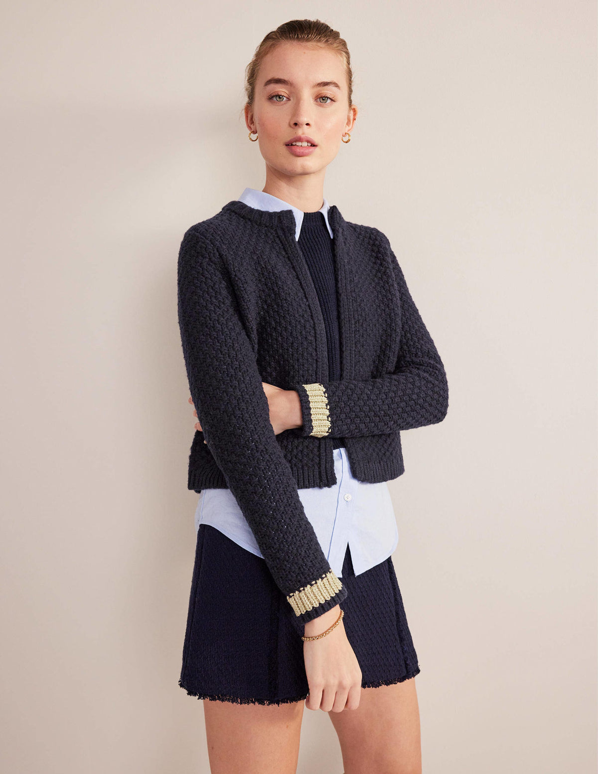 Strukturierter Grobstrick-Cardigan-Navy, Gold - Image 2