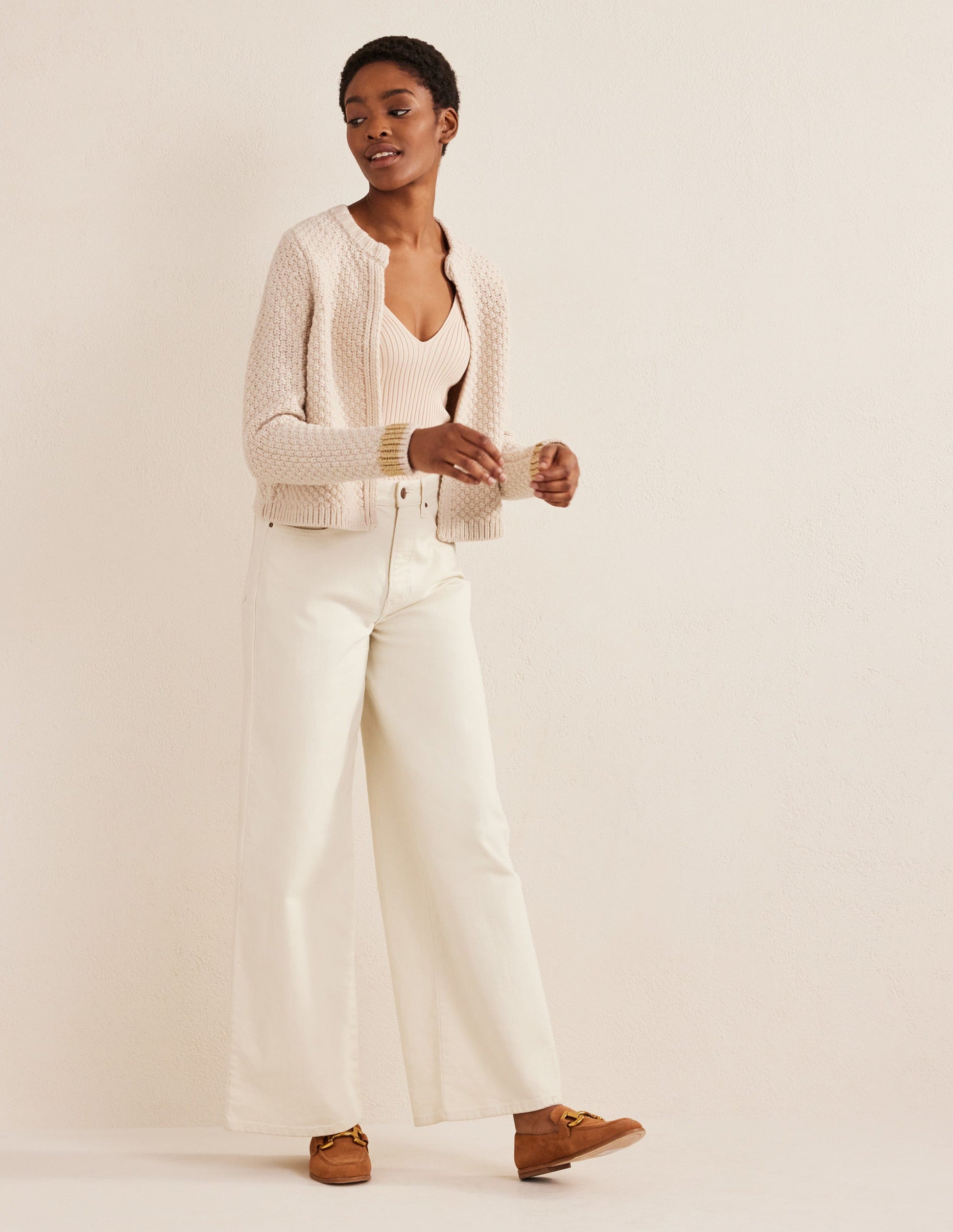 Strukturierter Grobstrick-Cardigan-Lammfell, Gold-5