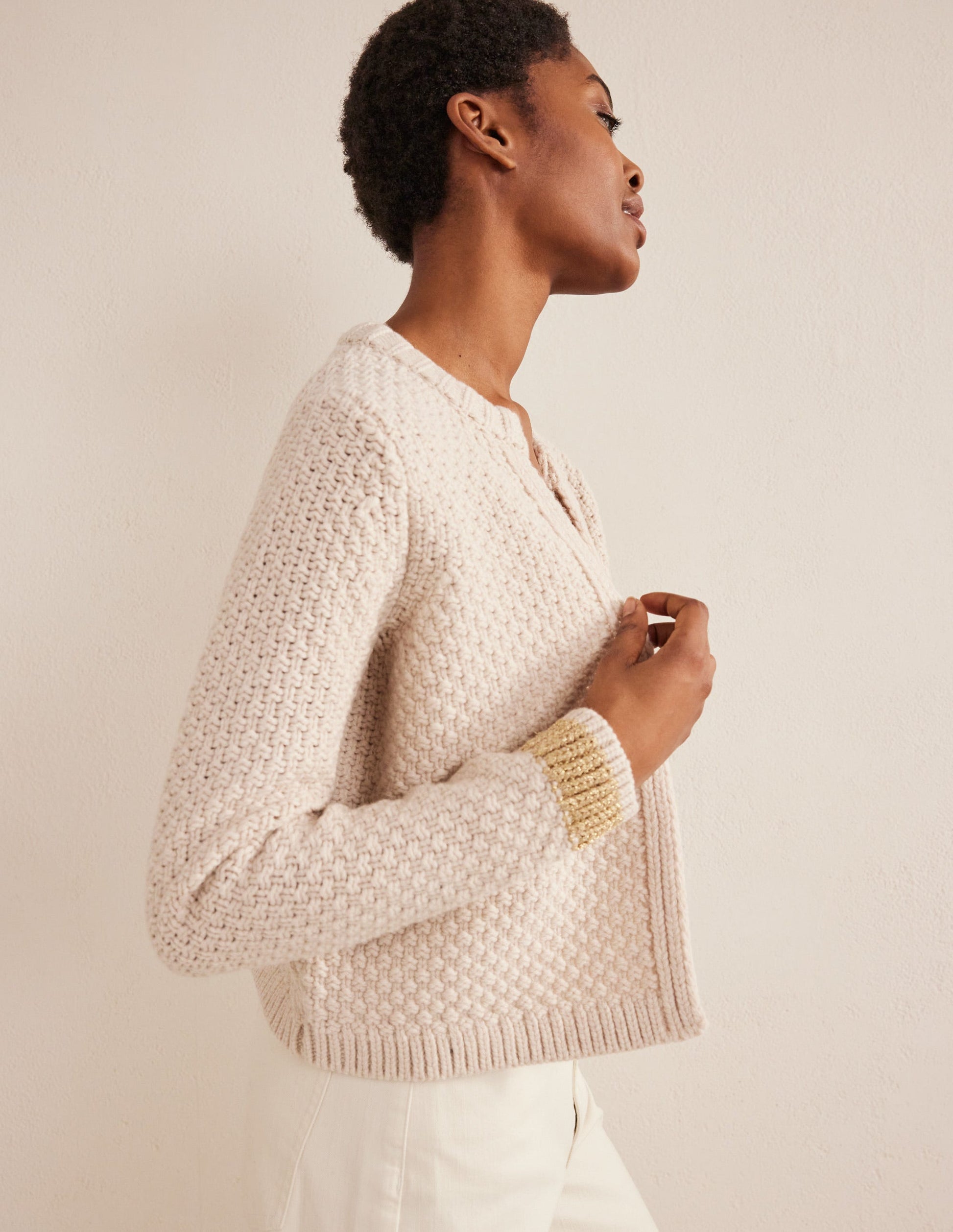 Strukturierter Grobstrick-Cardigan-Lammfell, Gold-6