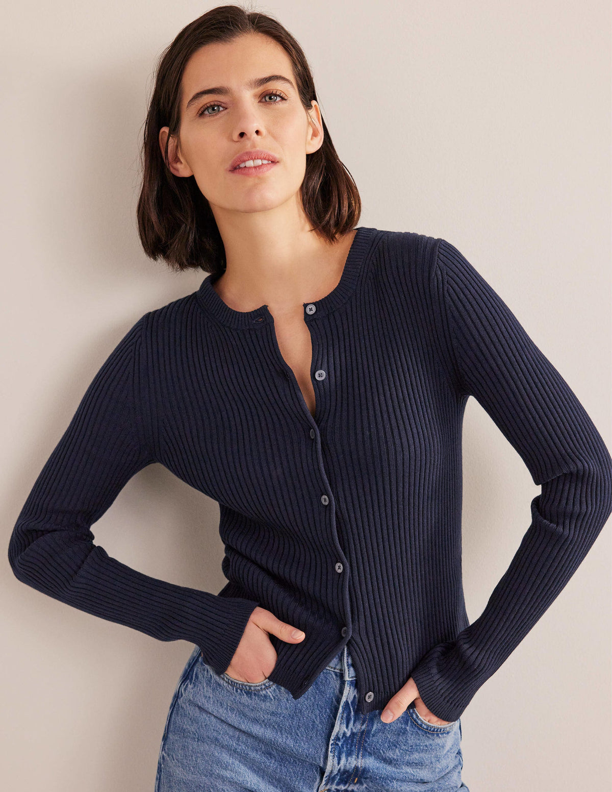 Cardigan mit Rippstrickdetail-Marineblau - Image 1