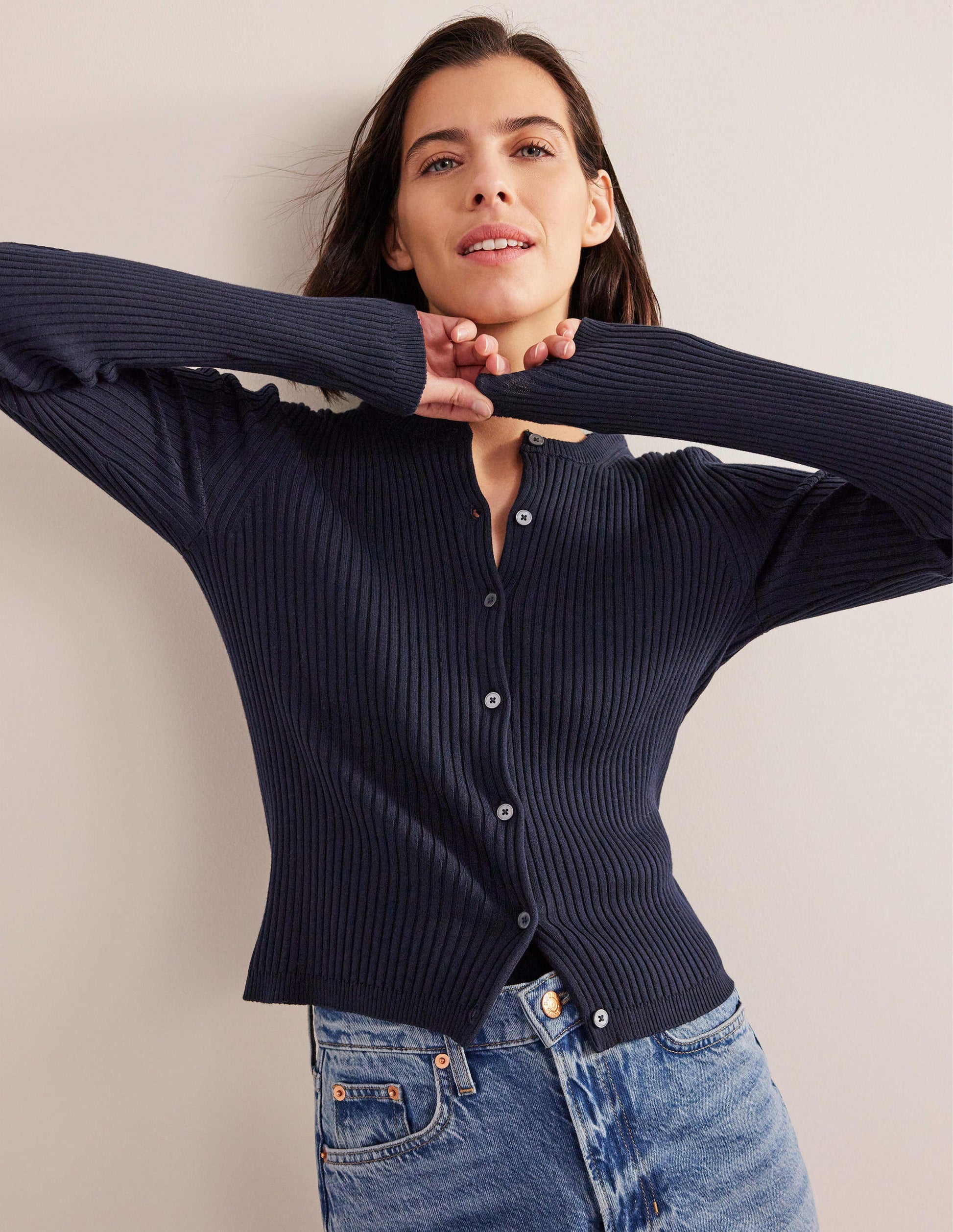 Cardigan mit Rippstrickdetail-Marineblau-4
