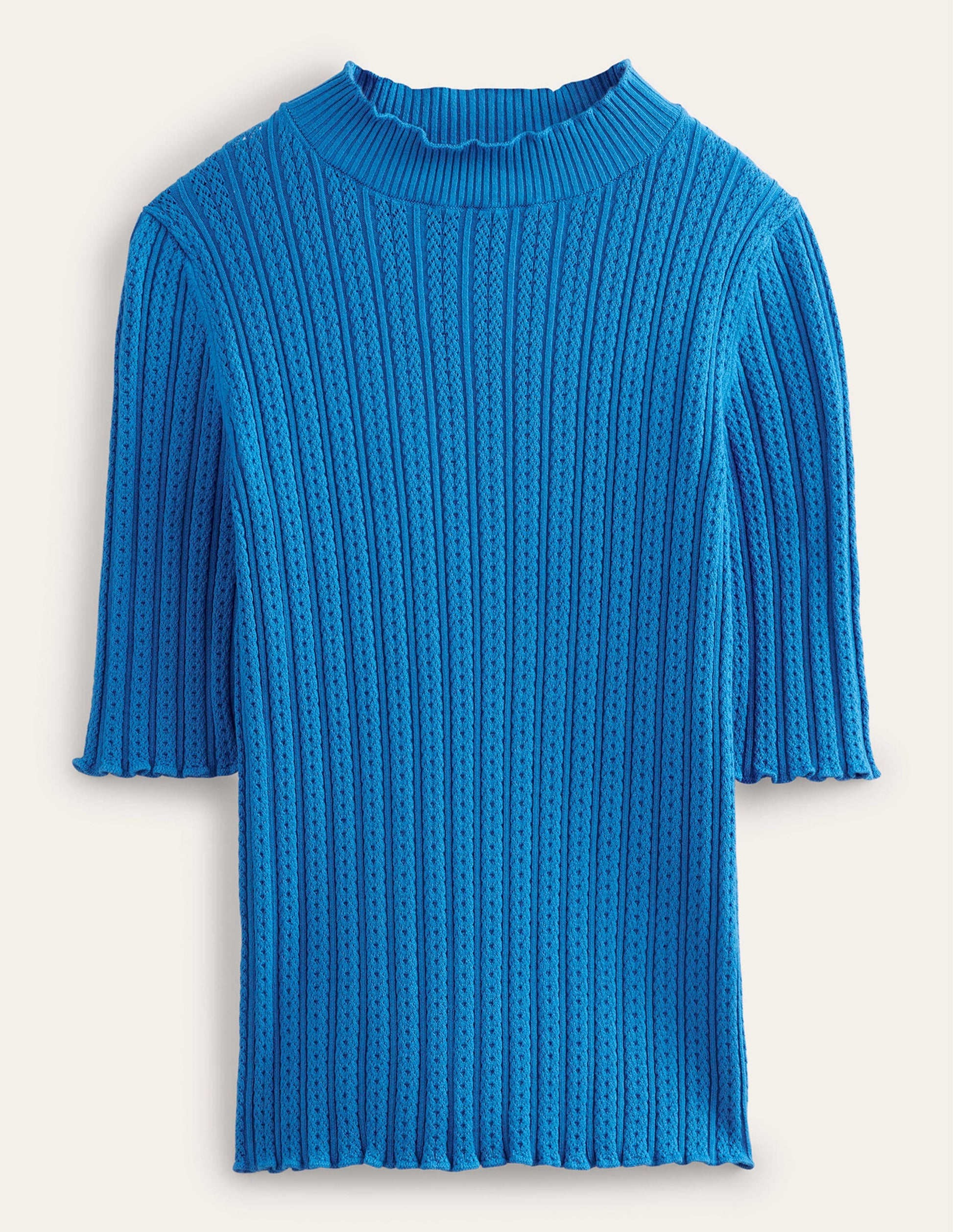 Geripptes T-Shirt mit hohem Kragen-Nebelblau-5
