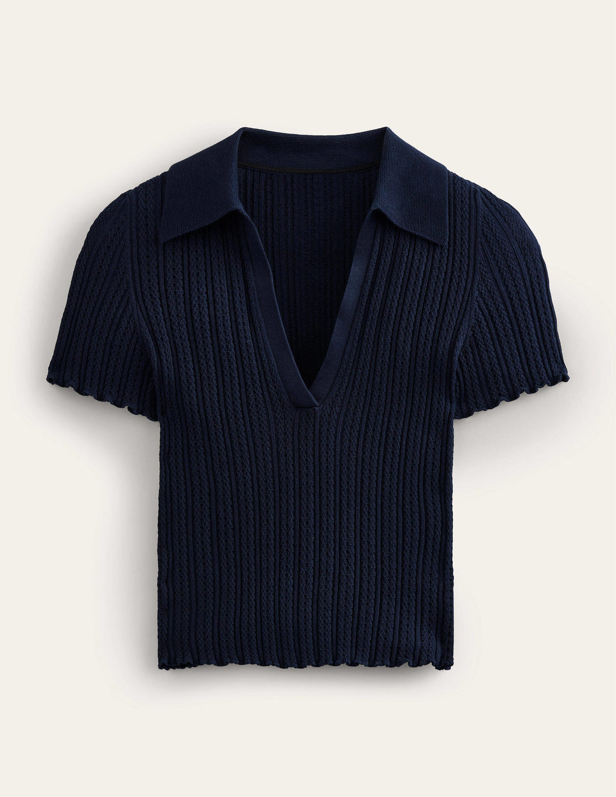 Ribbed Pointelle Collared Top-Navy - Image 5