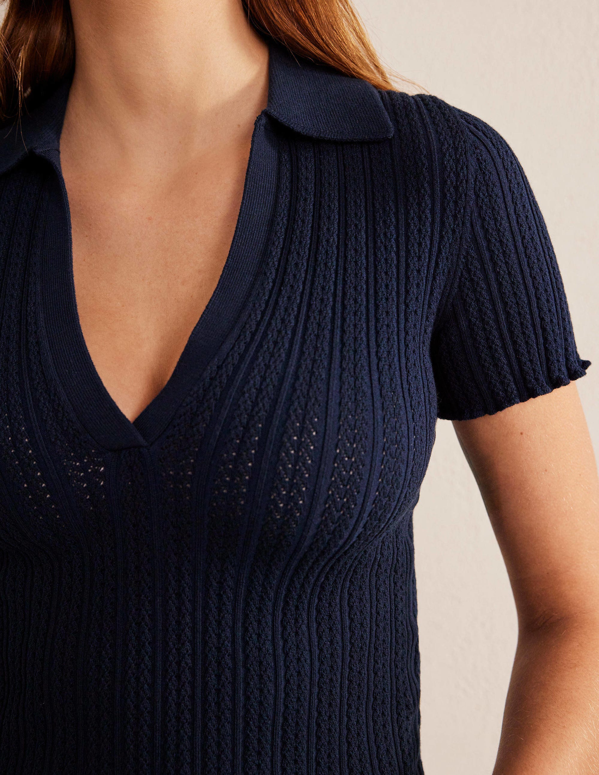 Ribbed Pointelle Collared Top-Navy - Image 2