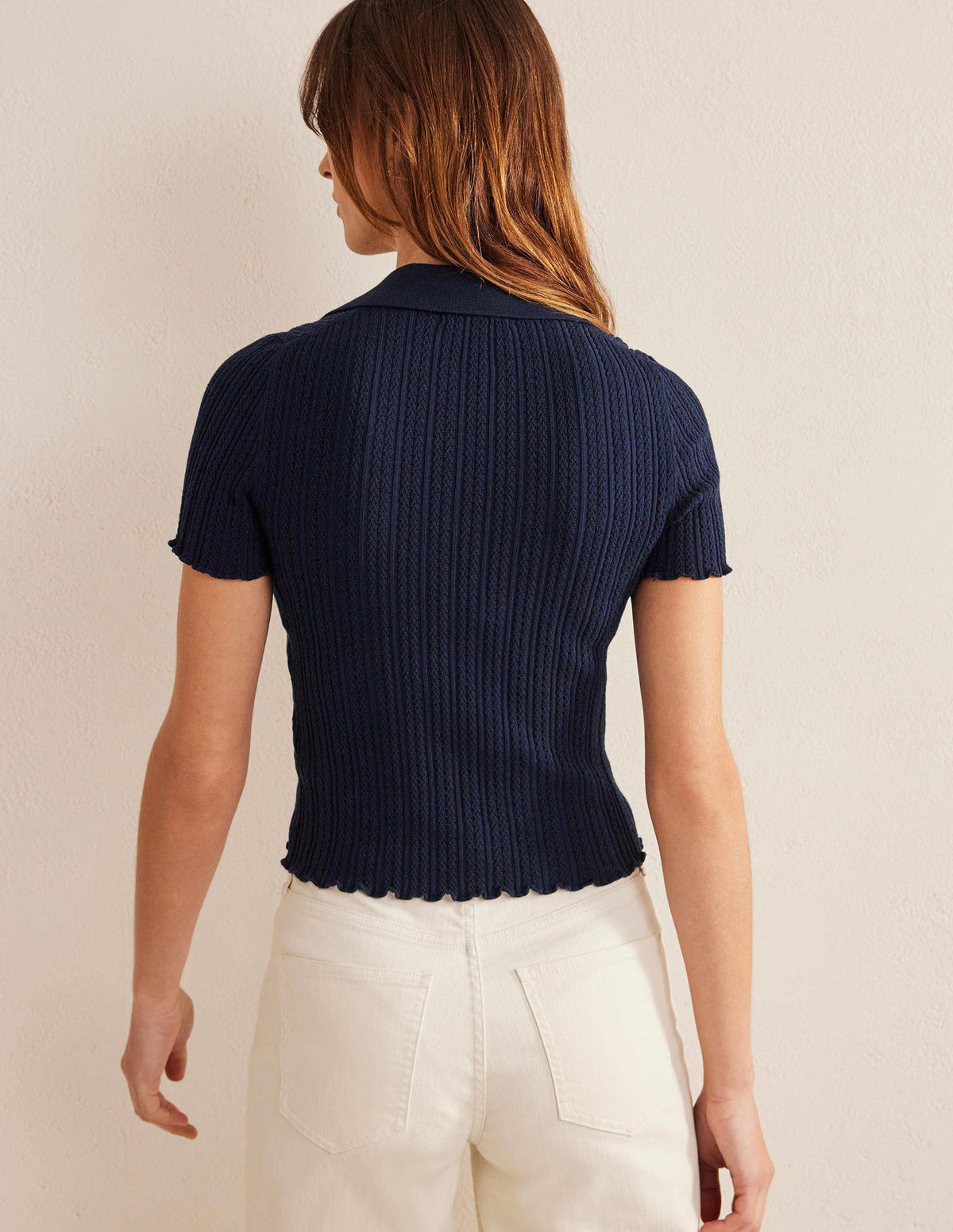 Ribbed Pointelle Collared Top-Navy - Image 3