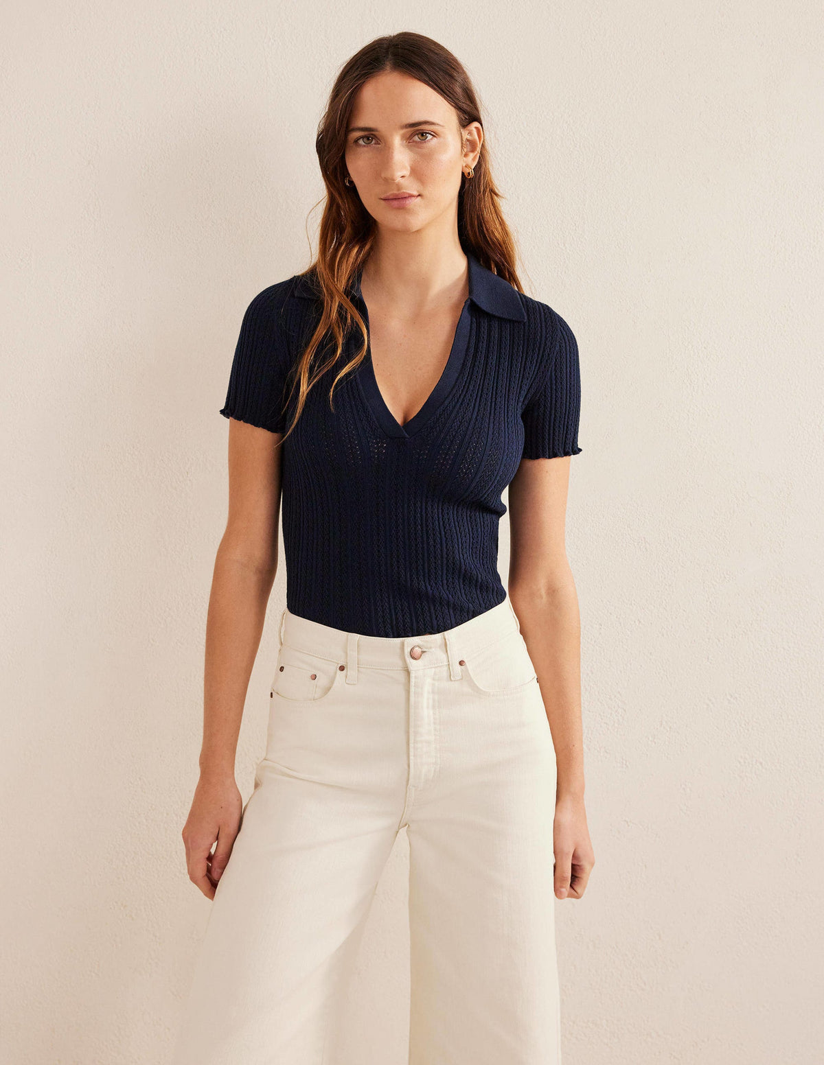 Ribbed Pointelle Collared Top-Navy - Image 4