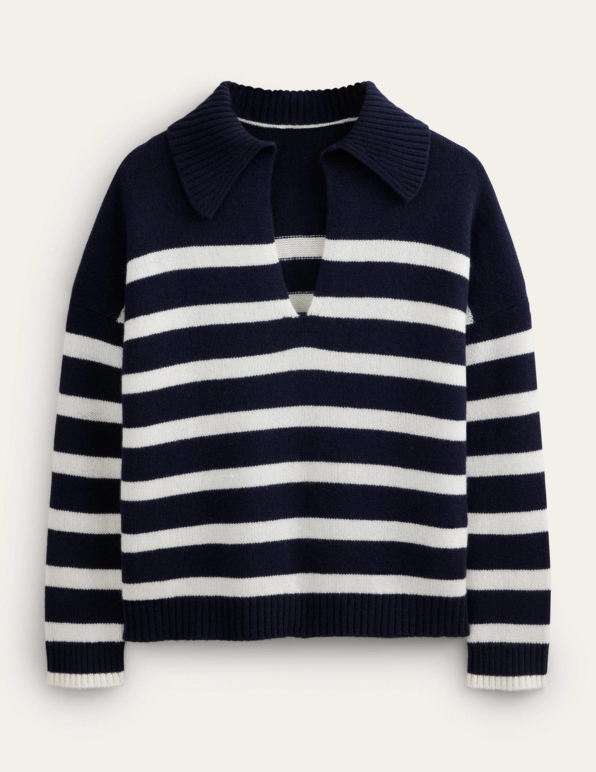 Pull en cachemire à col-Bleu marine, rayé ivoire - Image 7