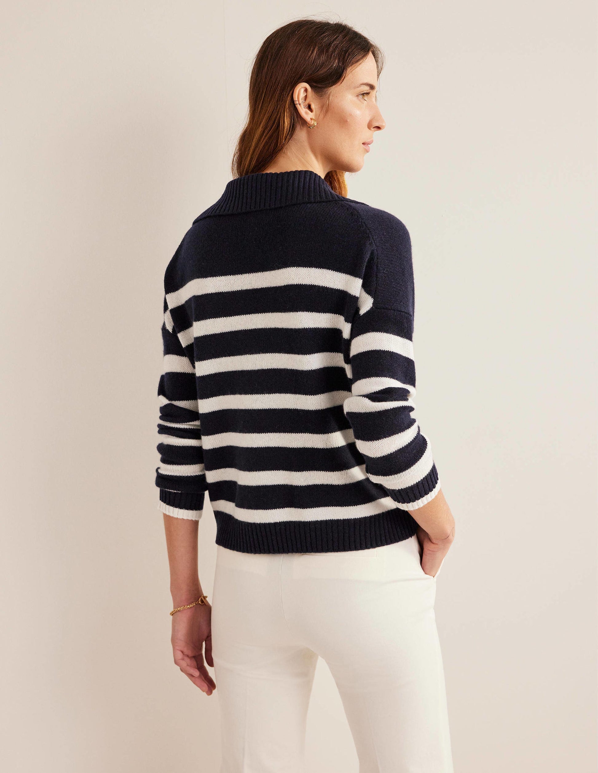 Pull en cachemire à col-Bleu marine, rayé ivoire-3