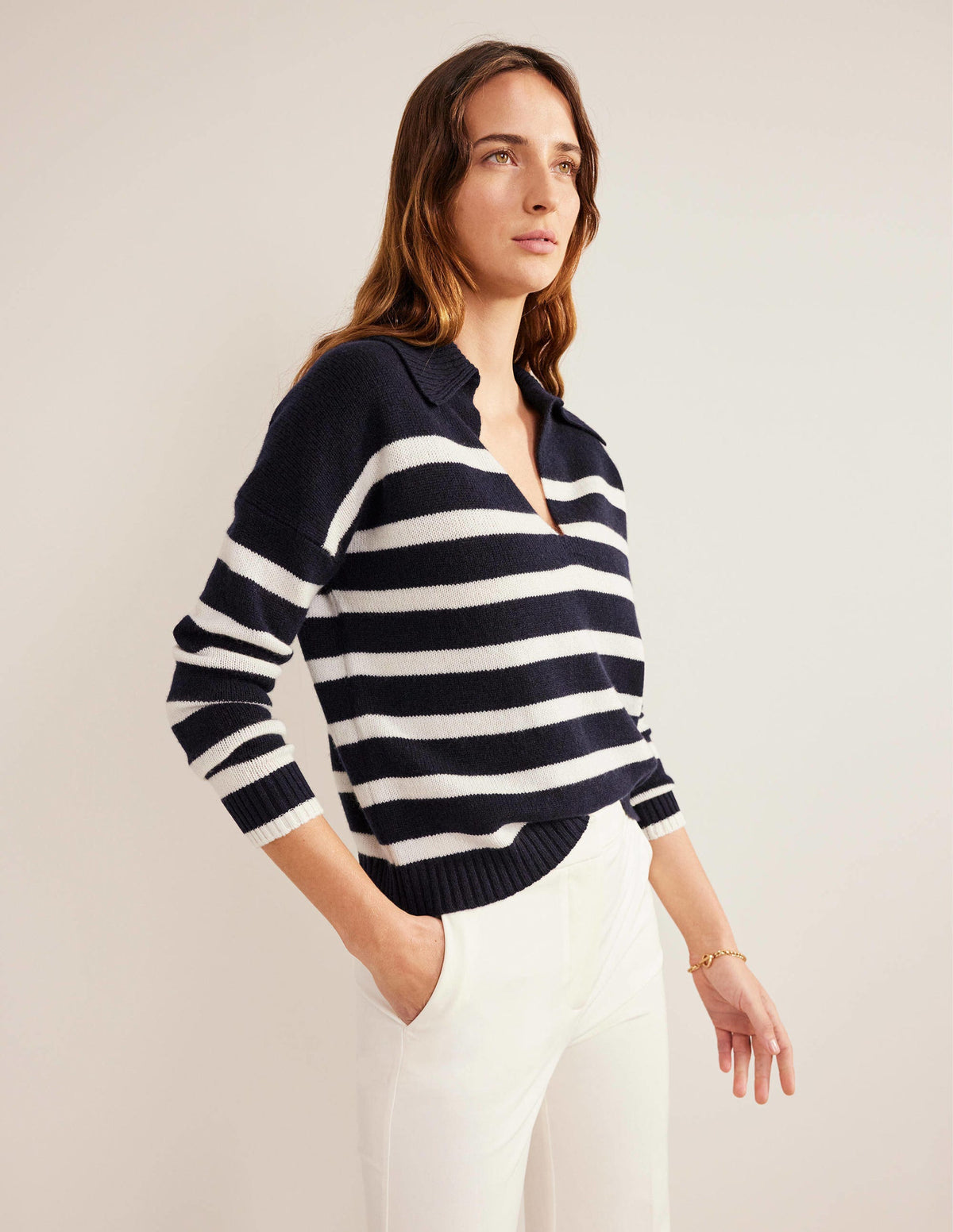 Pull en cachemire à col-Bleu marine, rayé ivoire - Image 4
