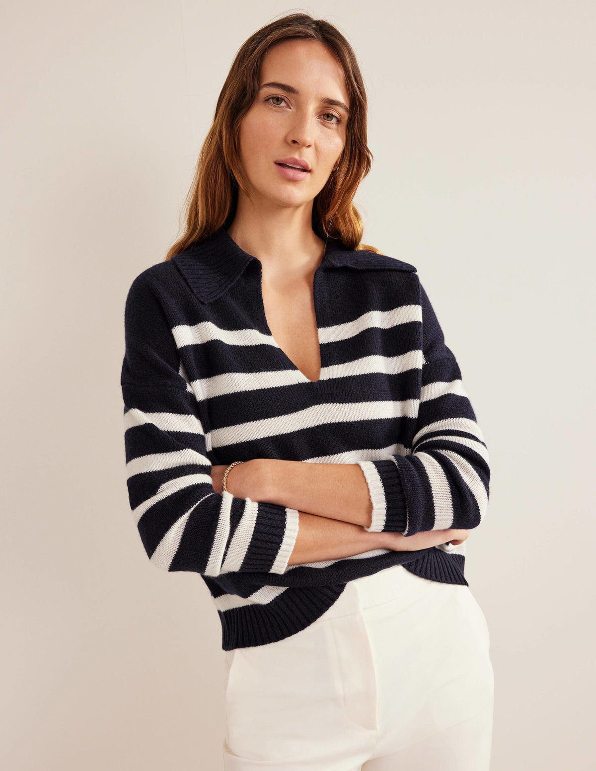 Pull en cachemire à col-Bleu marine, rayé ivoire-6