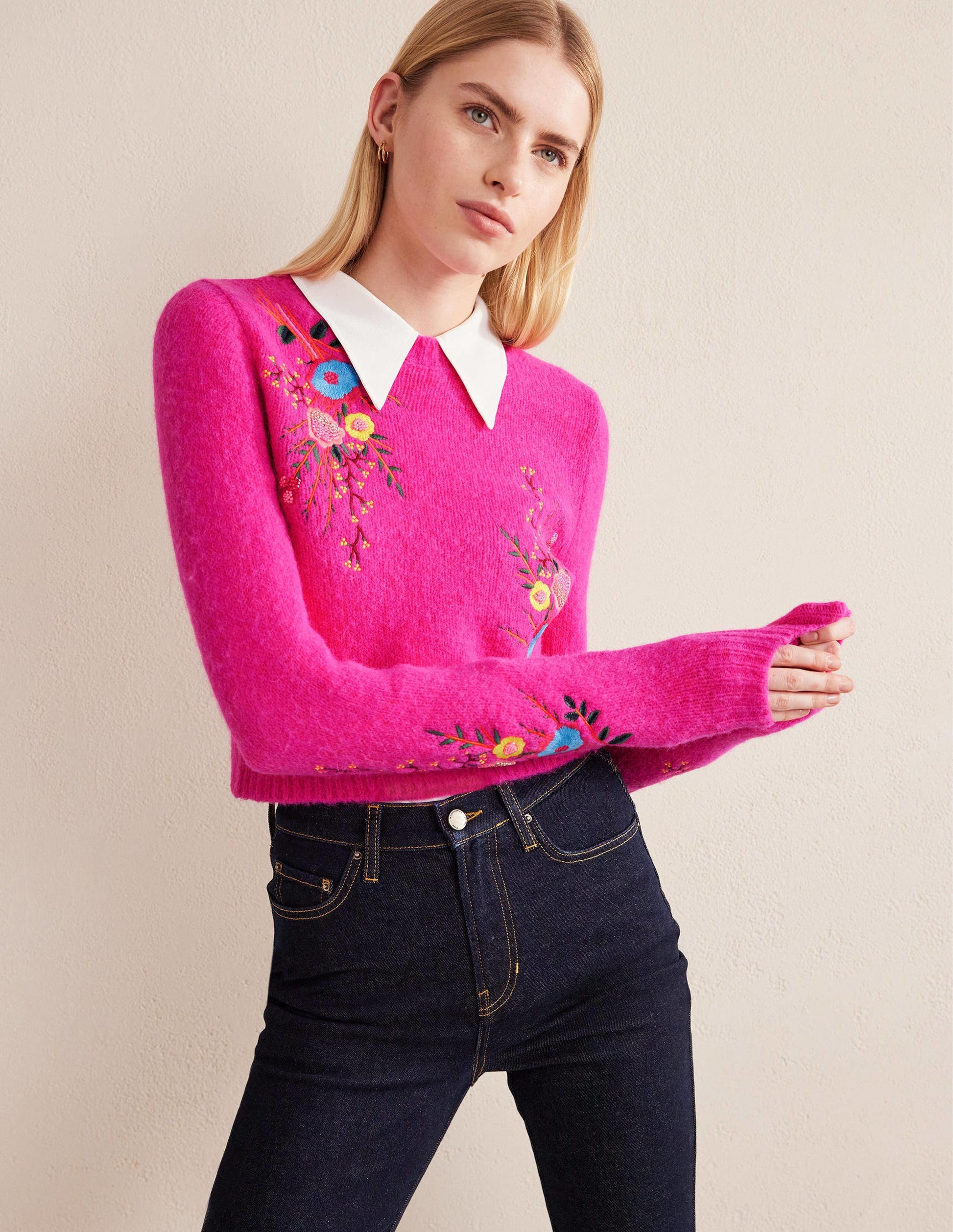 Pullover mit Blumenstickerei-Knallpink, Blumenmuster-1