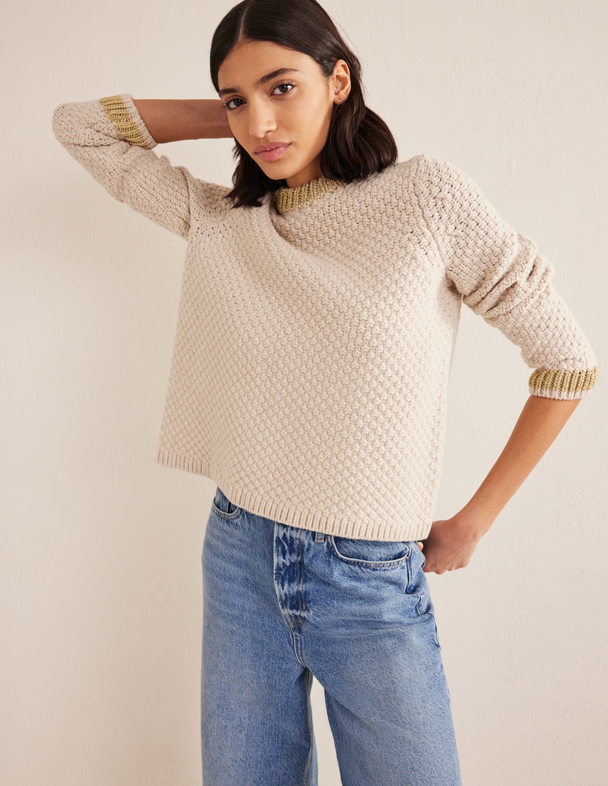 Strukturierter Grobstrickpullover-Lammfell, Gold - Image 1