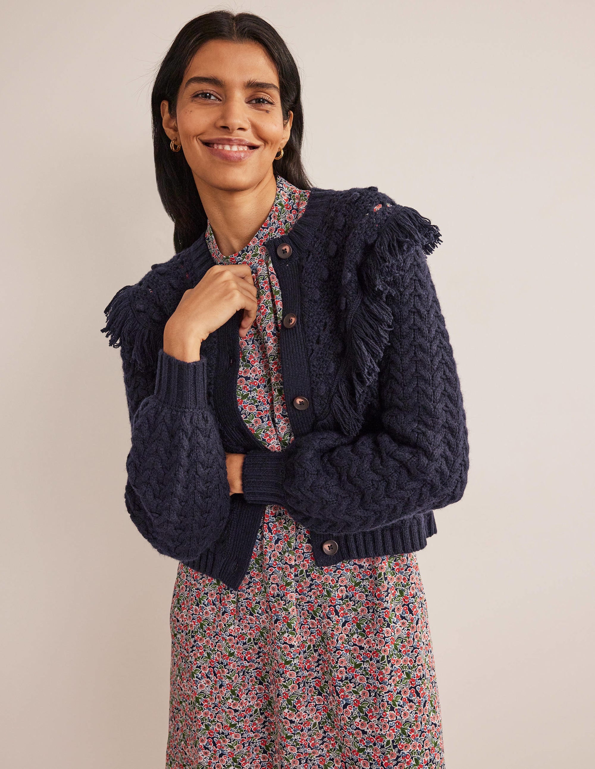 Oversize-Cardigan mit Fransen-Marineblau - Image 1