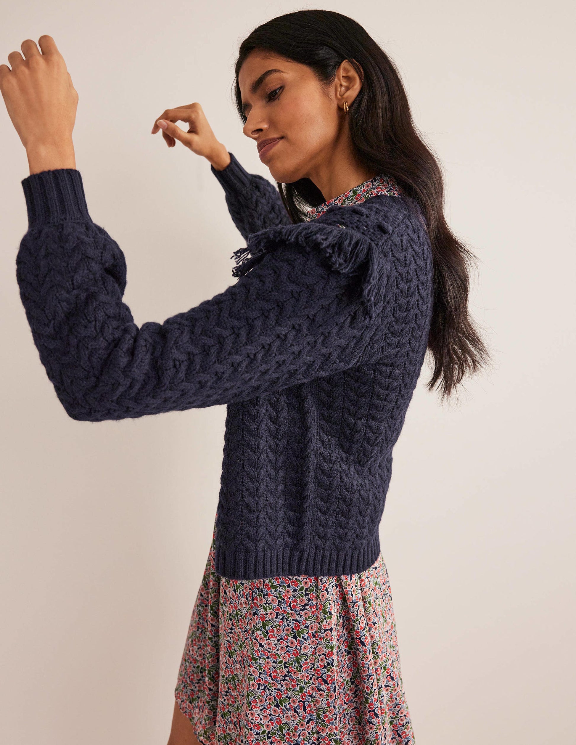 Oversize-Cardigan mit Fransen-Marineblau-5
