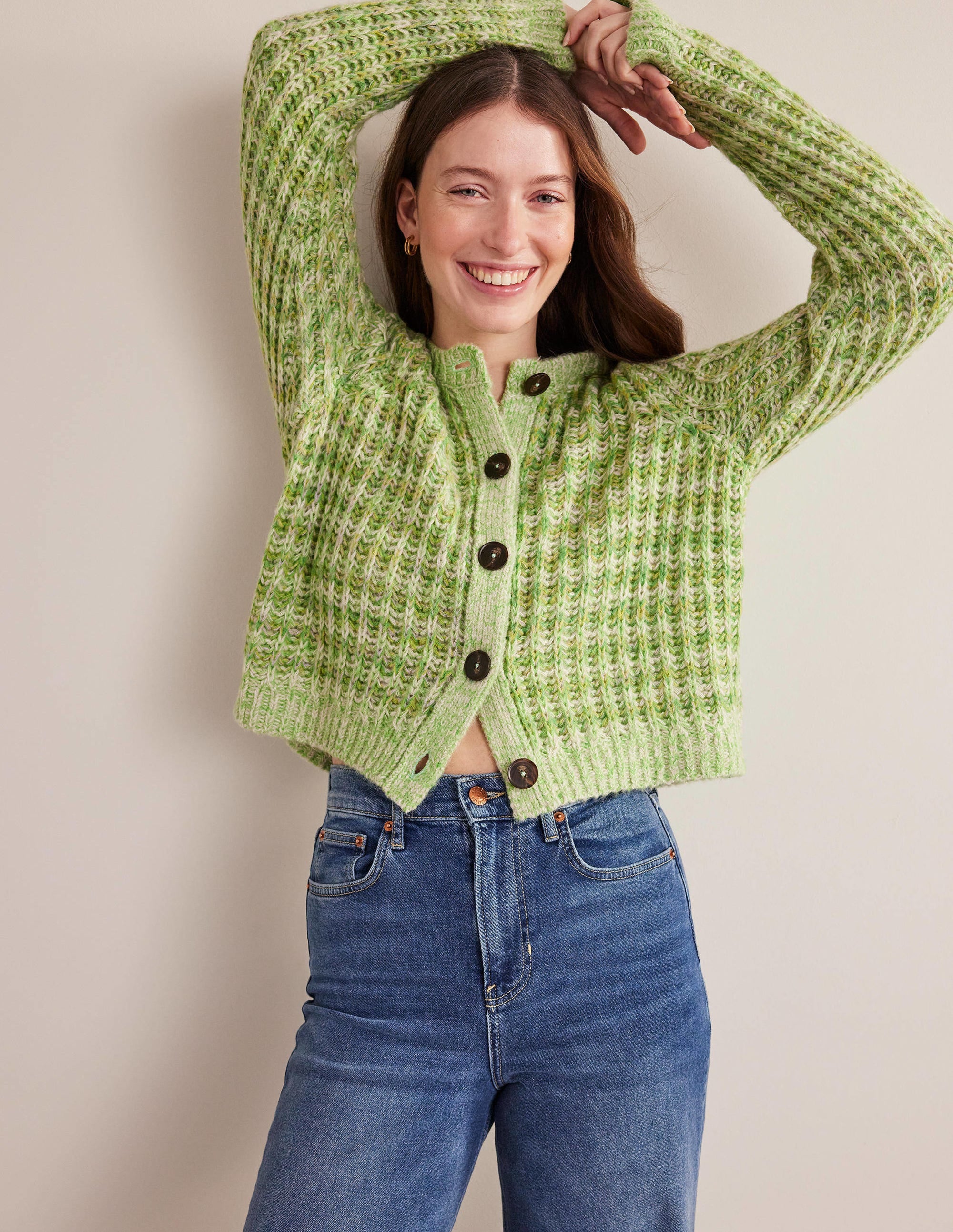 Flauschiger Cardigan mit breiten Rippbündchen-Grün Meliert - Image 1
